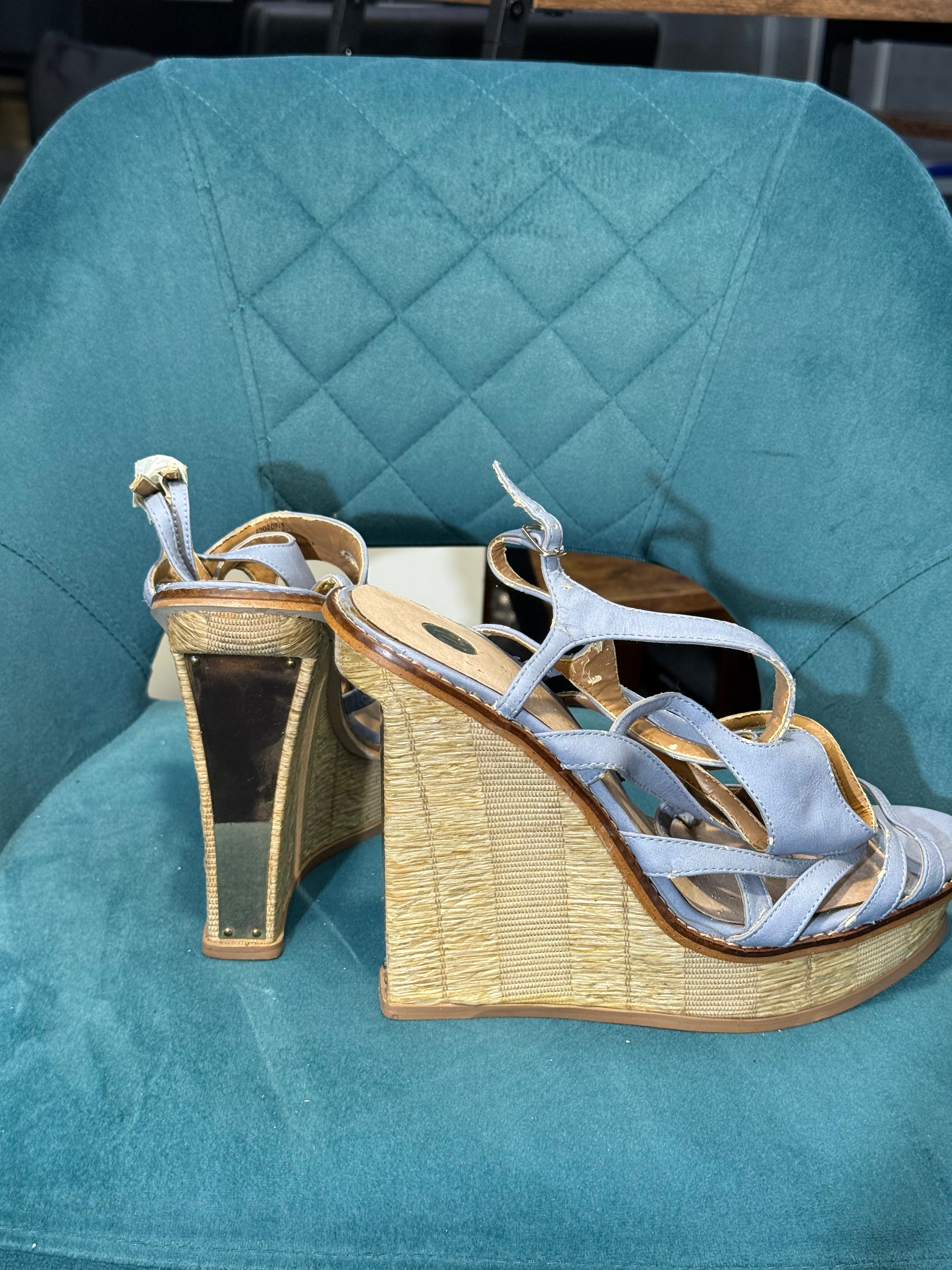 Blue Strappy Wedge Sandals with Raffia Heel