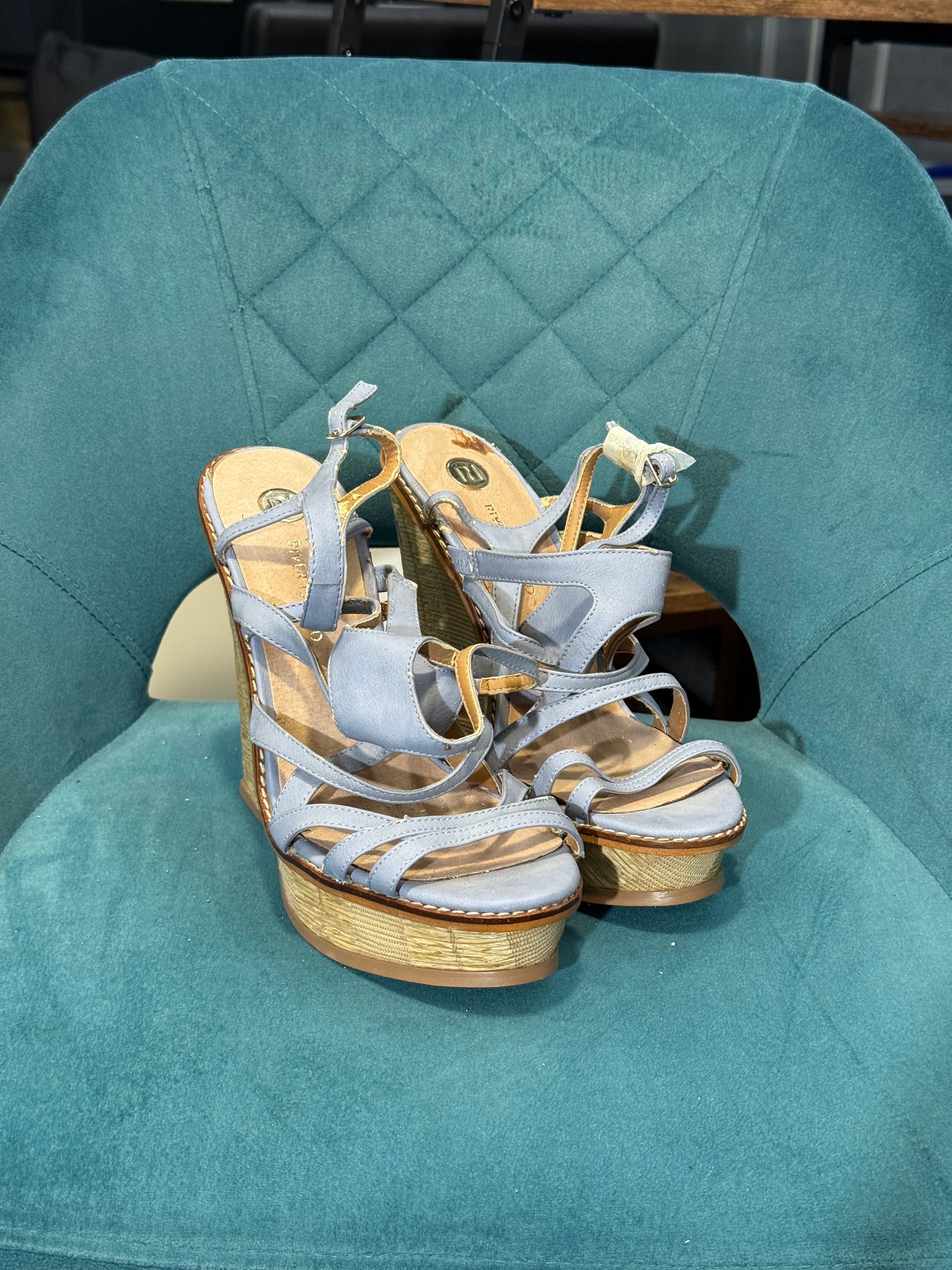 Blue Strappy Wedge Sandals with Raffia Heel
