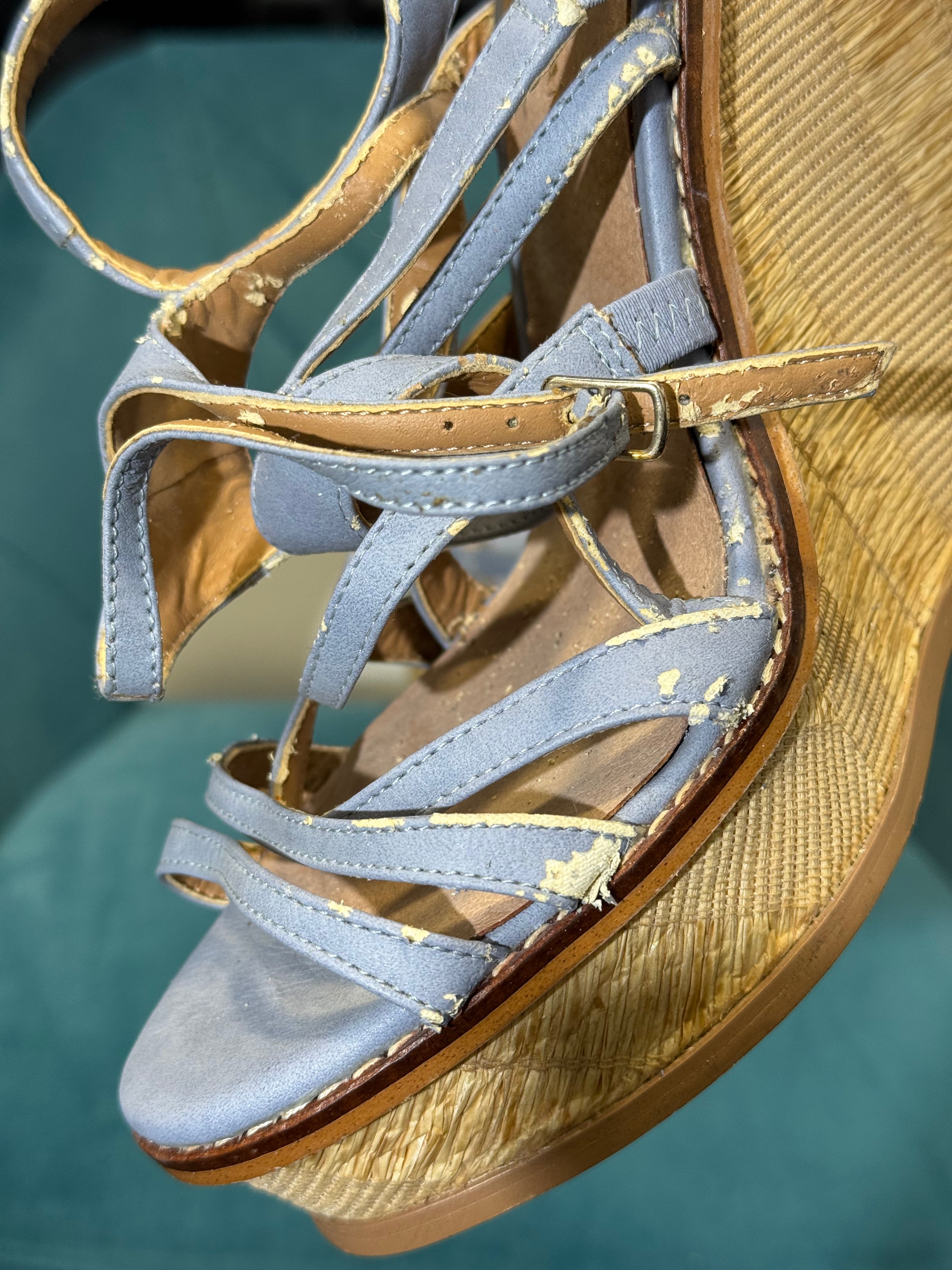 Blue Strappy Wedge Sandals with Raffia Heel
