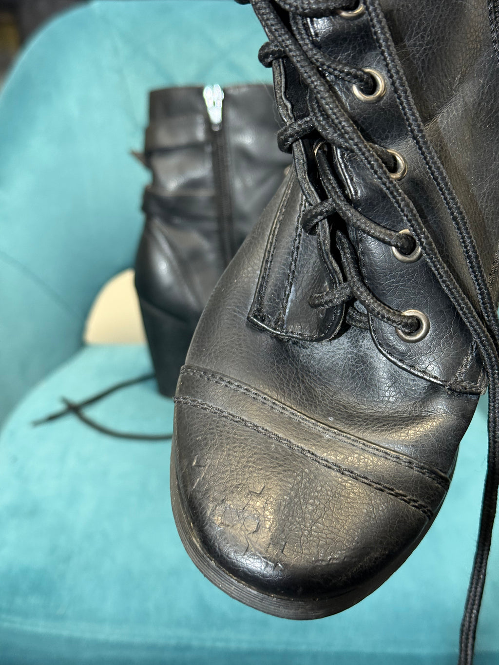 Black Leather Buckle & Zip Ankle Boots – Lace-Up Mid Heel