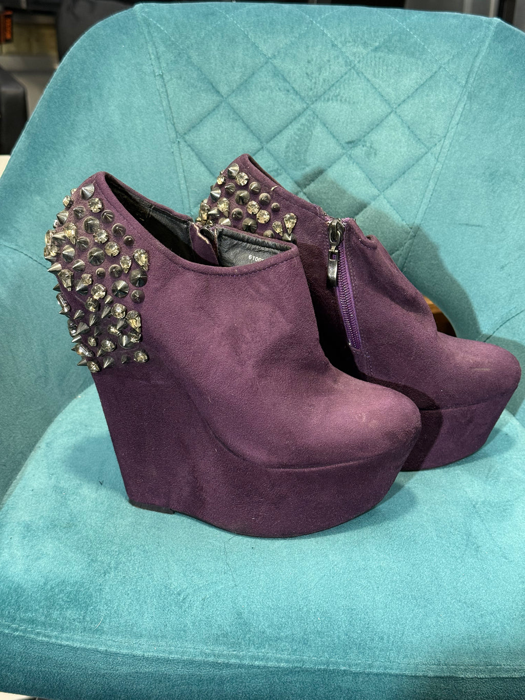 Purple Faux Suede Studded Platform Wedge Ankle Boots