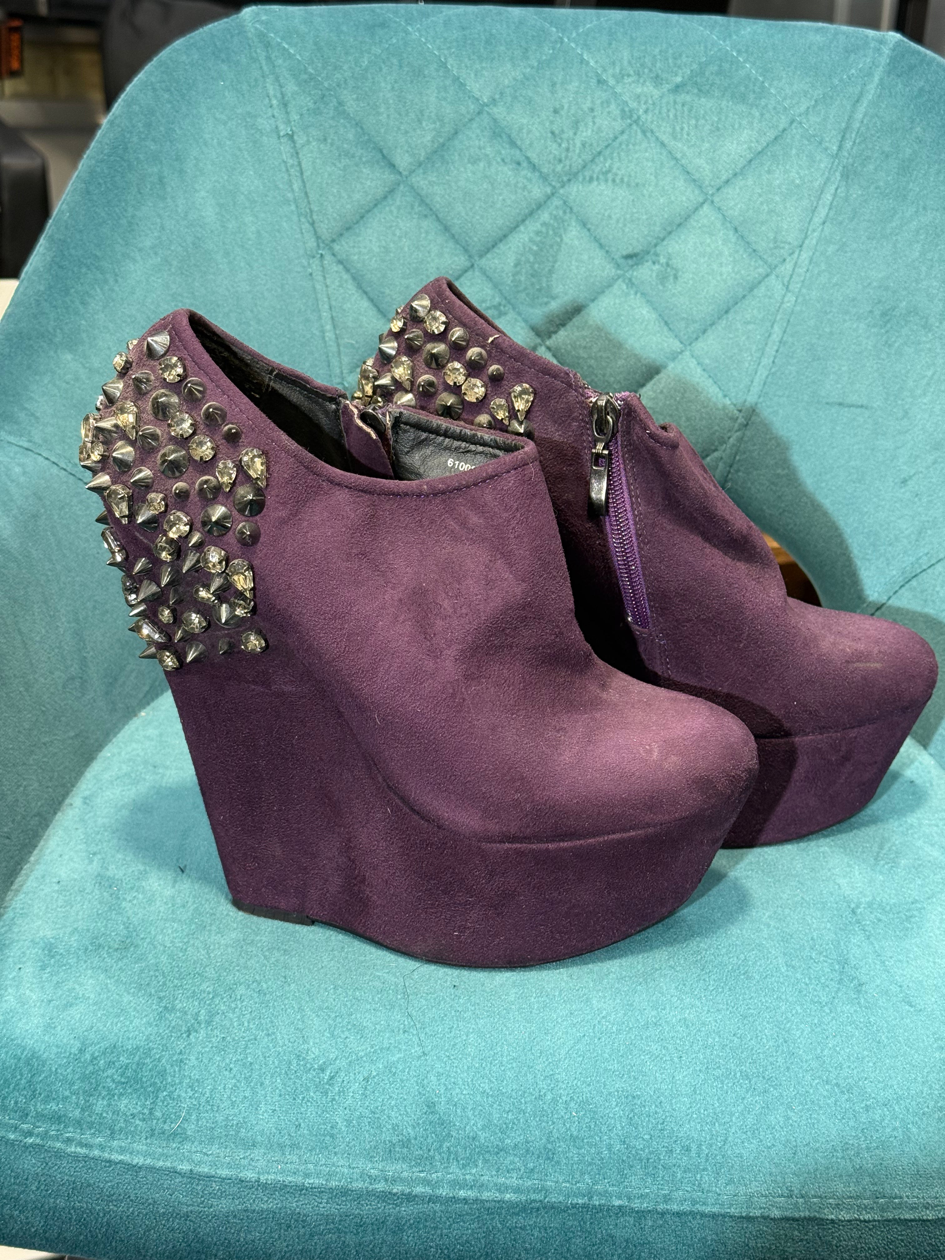 Purple Faux Suede Studded Platform Wedge Ankle Boots