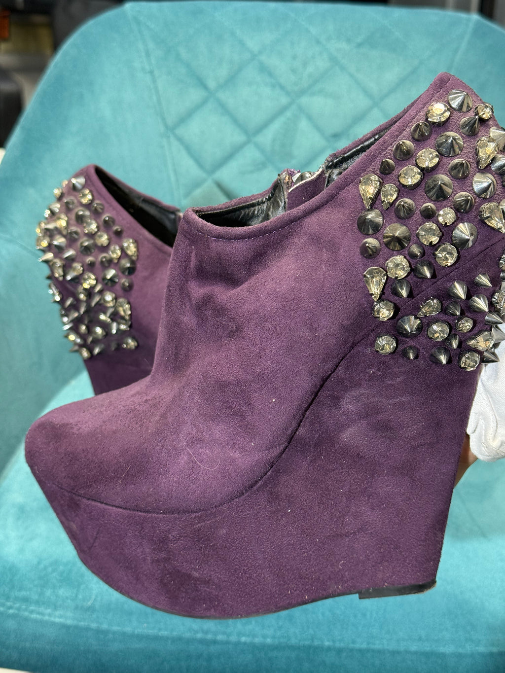Purple Faux Suede Studded Platform Wedge Ankle Boots