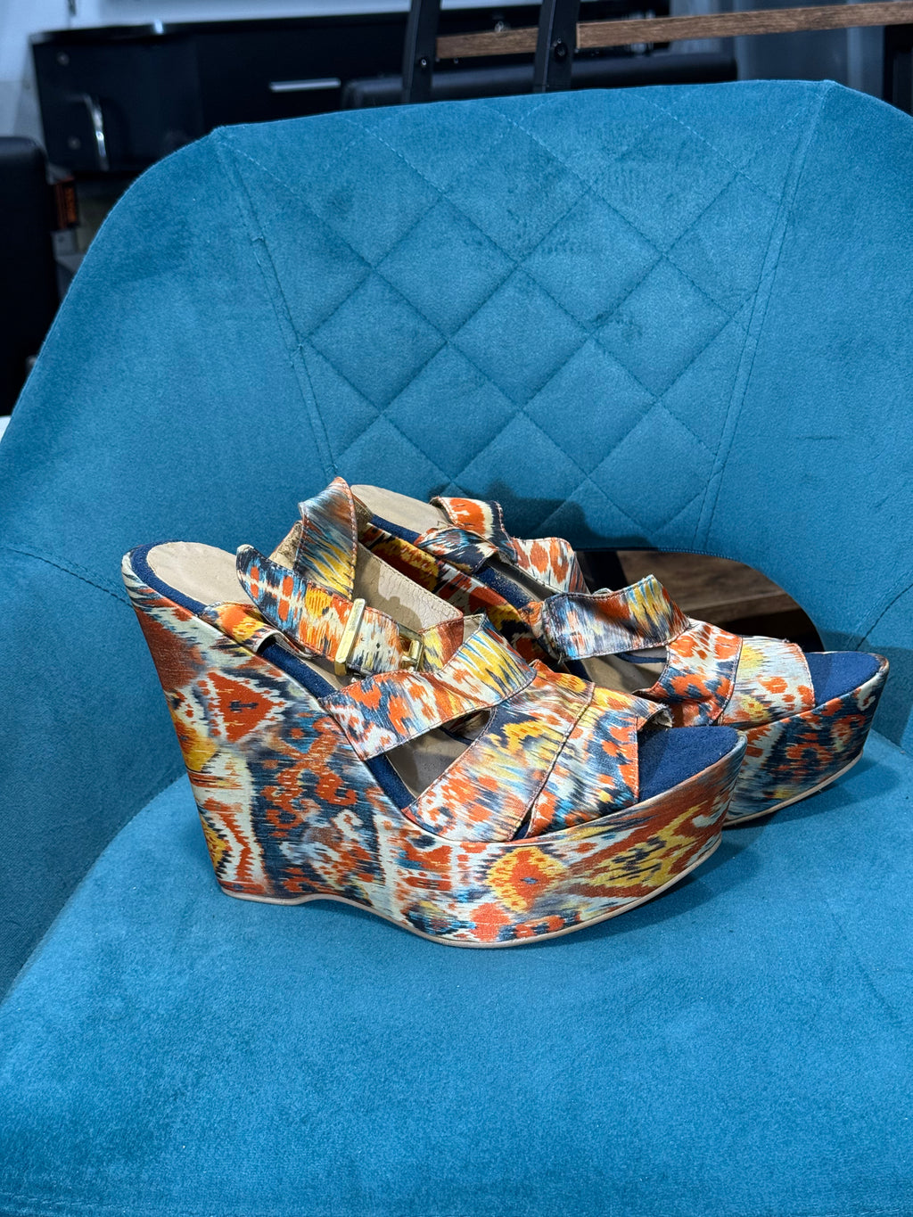 Colourful Ikat Print Platform Wedge Sandals