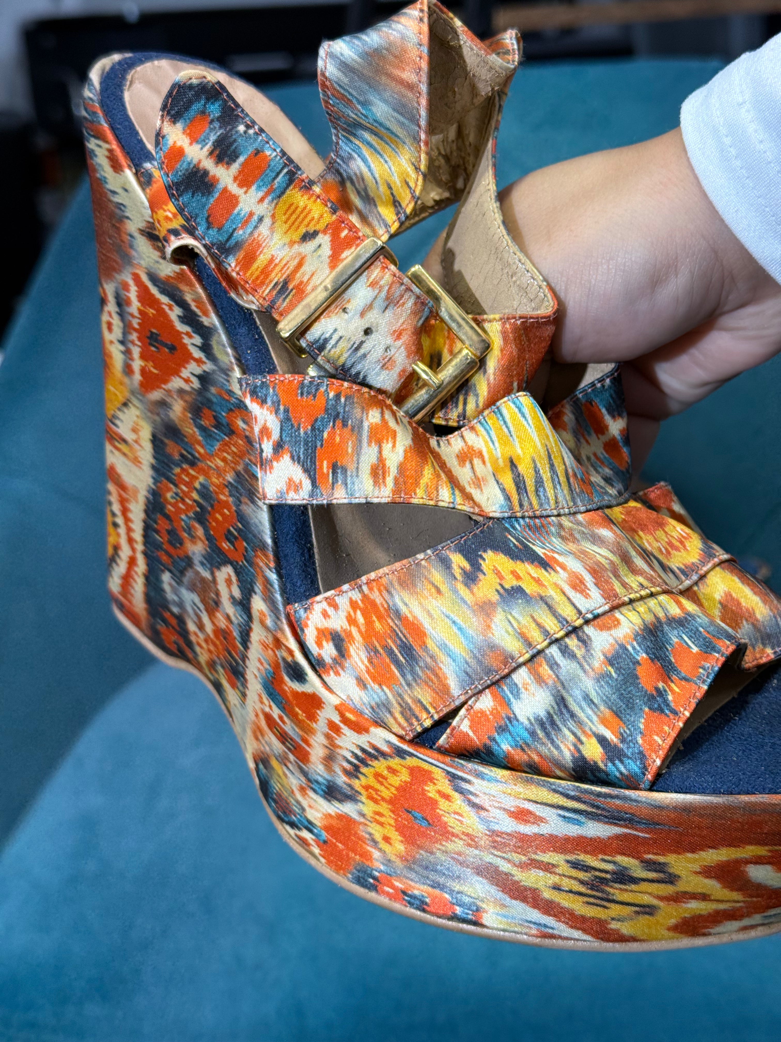 Colourful Ikat Print Platform Wedge Sandals