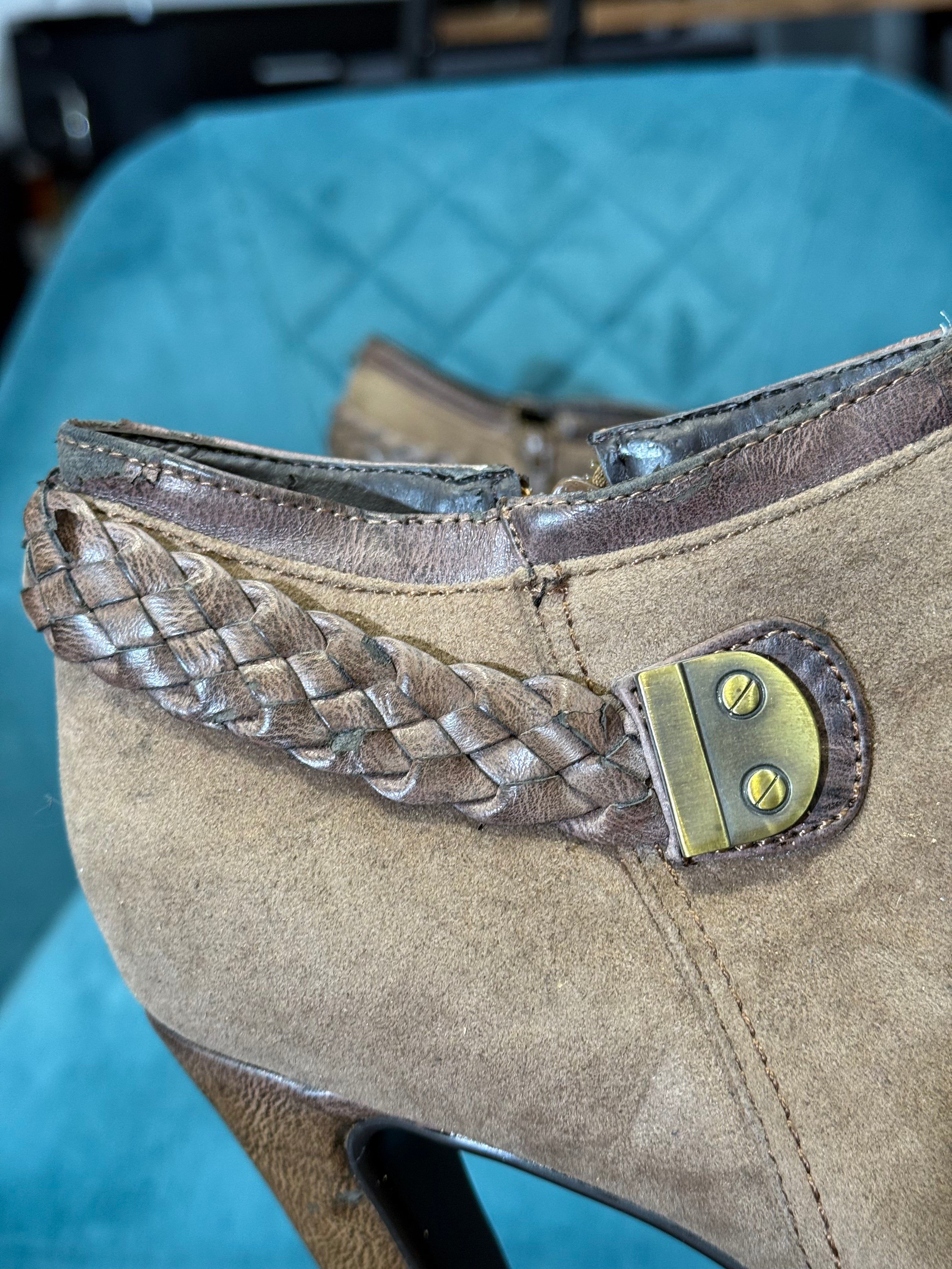 Tan Suede Platform Ankle Boots with Braided Detail