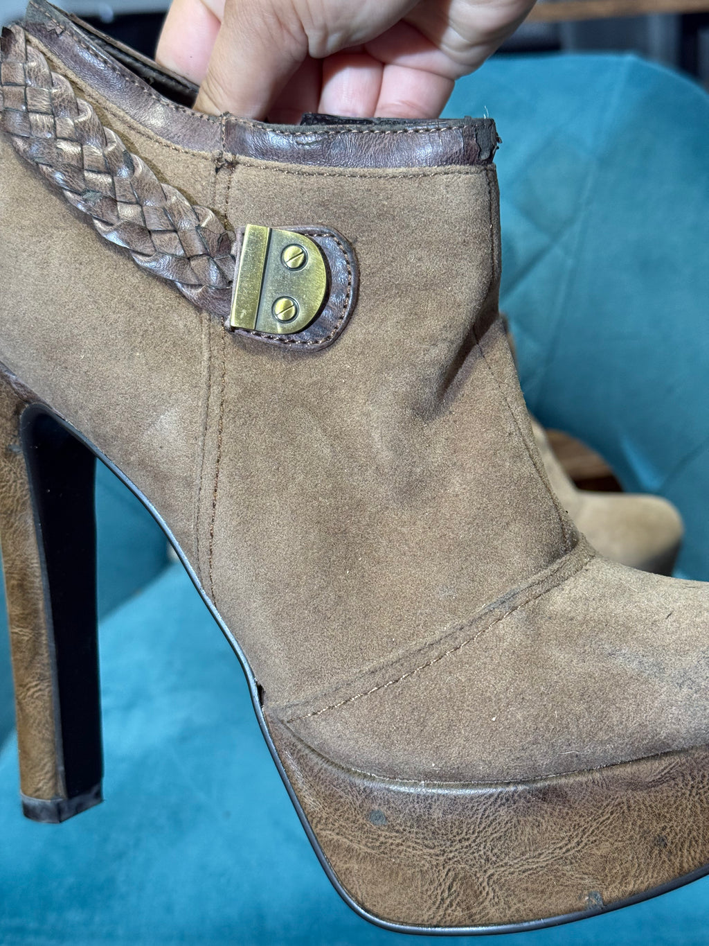 Tan Suede Platform Ankle Boots with Braided Detail