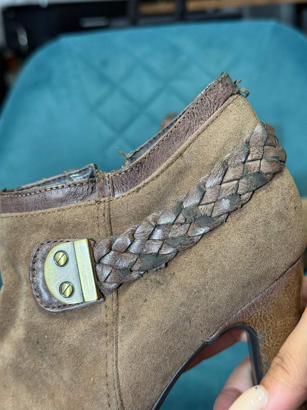 Tan Suede Platform Ankle Boots with Braided Detail