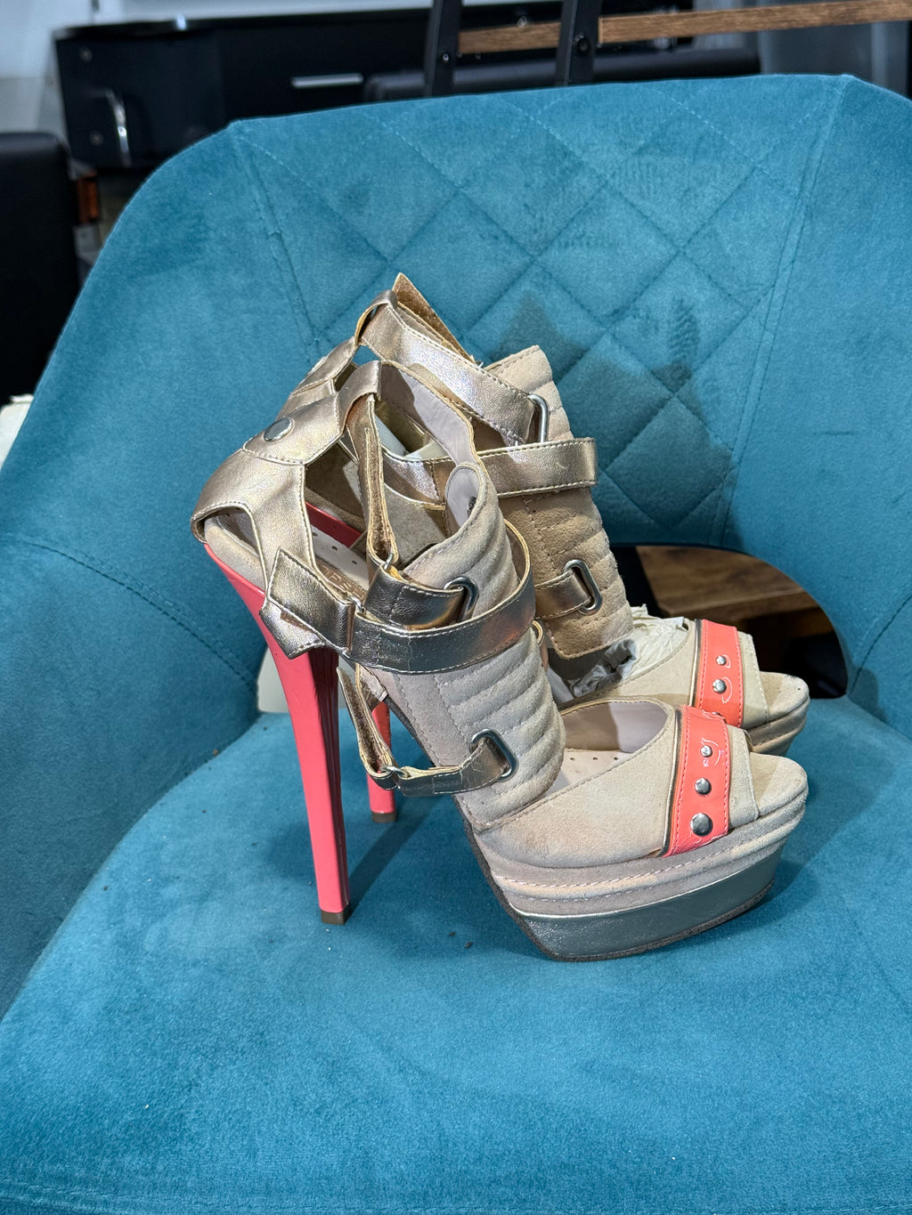 Metallic Gold & Coral Strappy Platform Heels with Stiletto