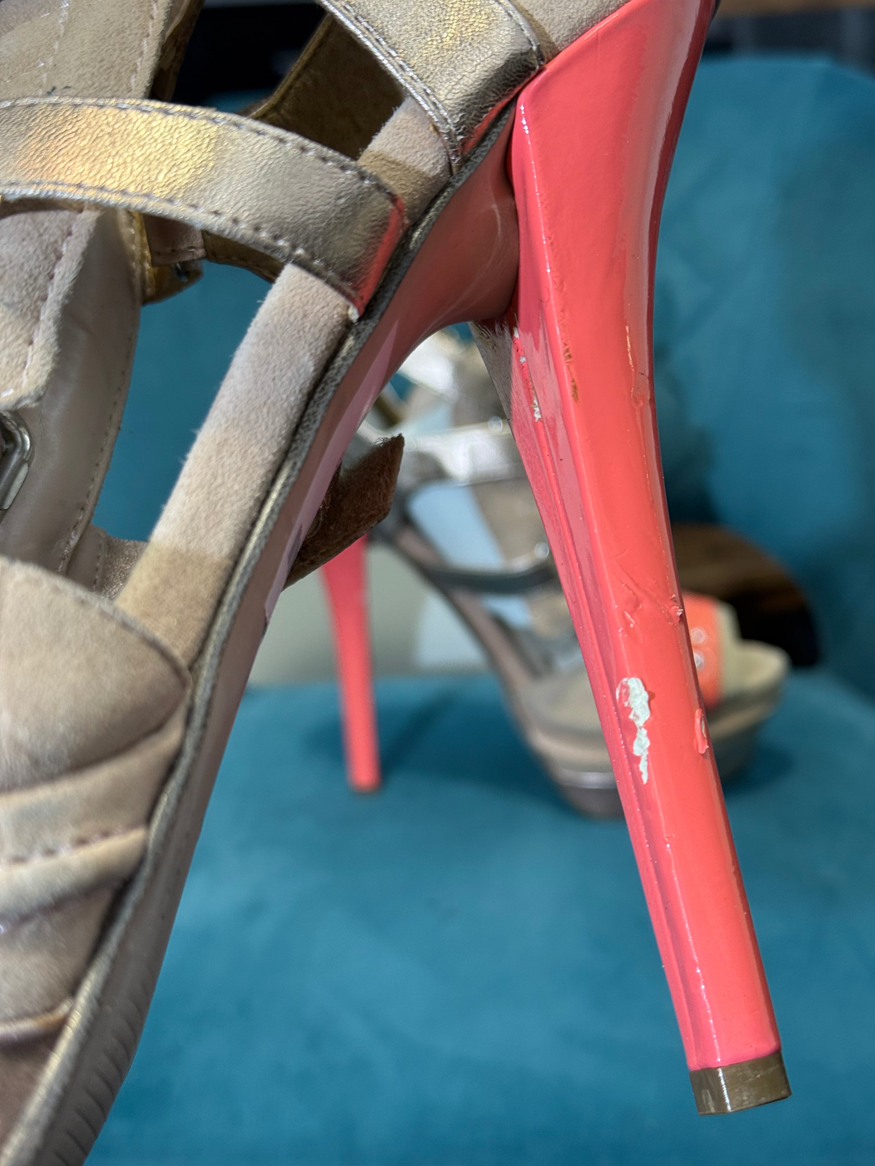 Metallic Gold & Coral Strappy Platform Heels with Stiletto