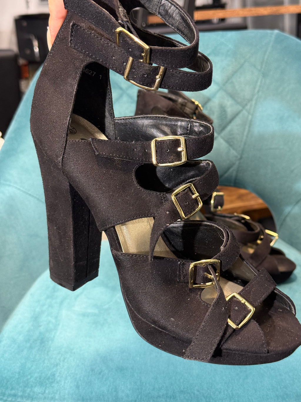 Black Faux Suede Strappy Platform Heels with Gold Buckles