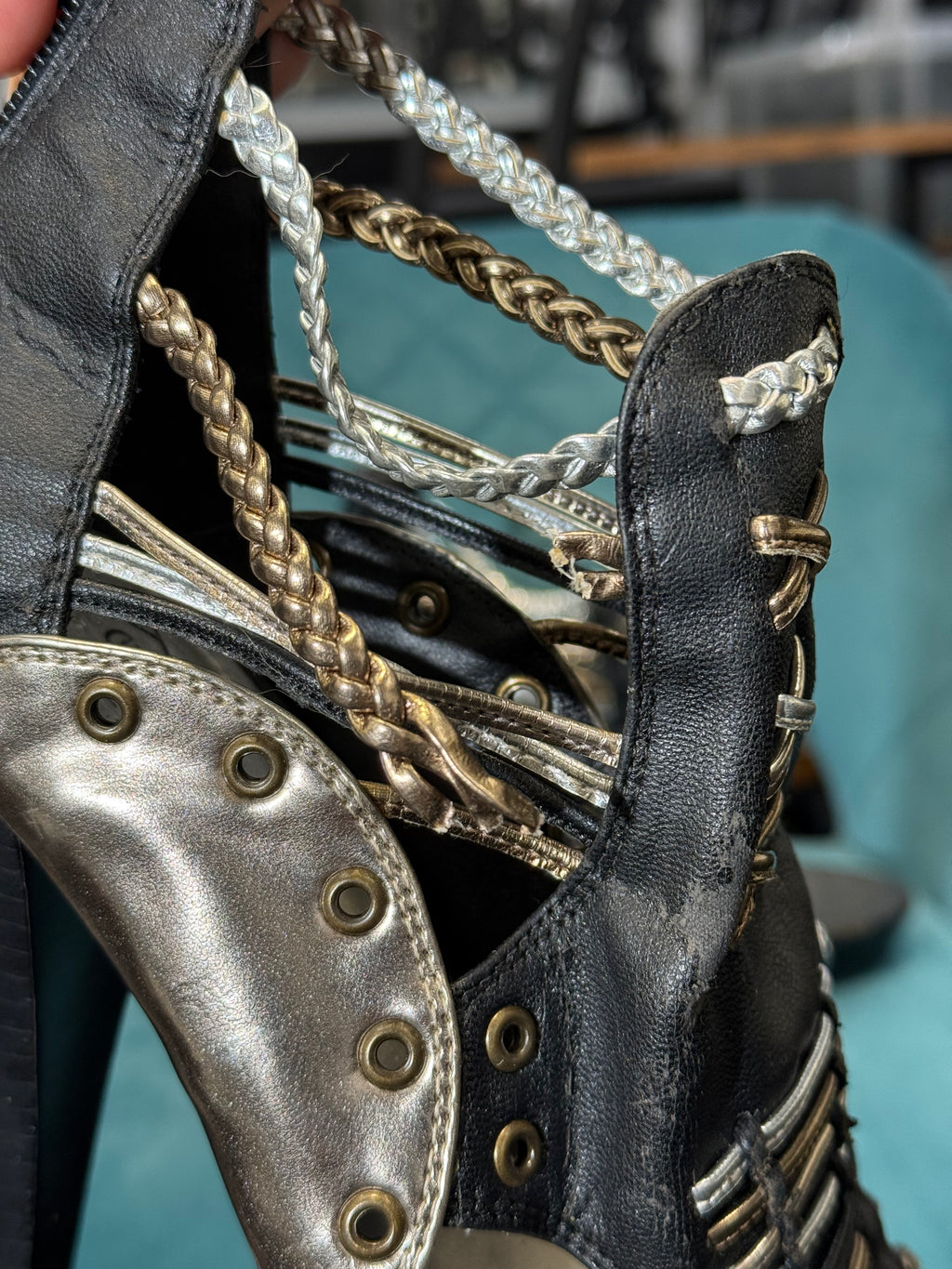 Black & Gold Strappy Platform Gladiator Heels with Metallic Detail