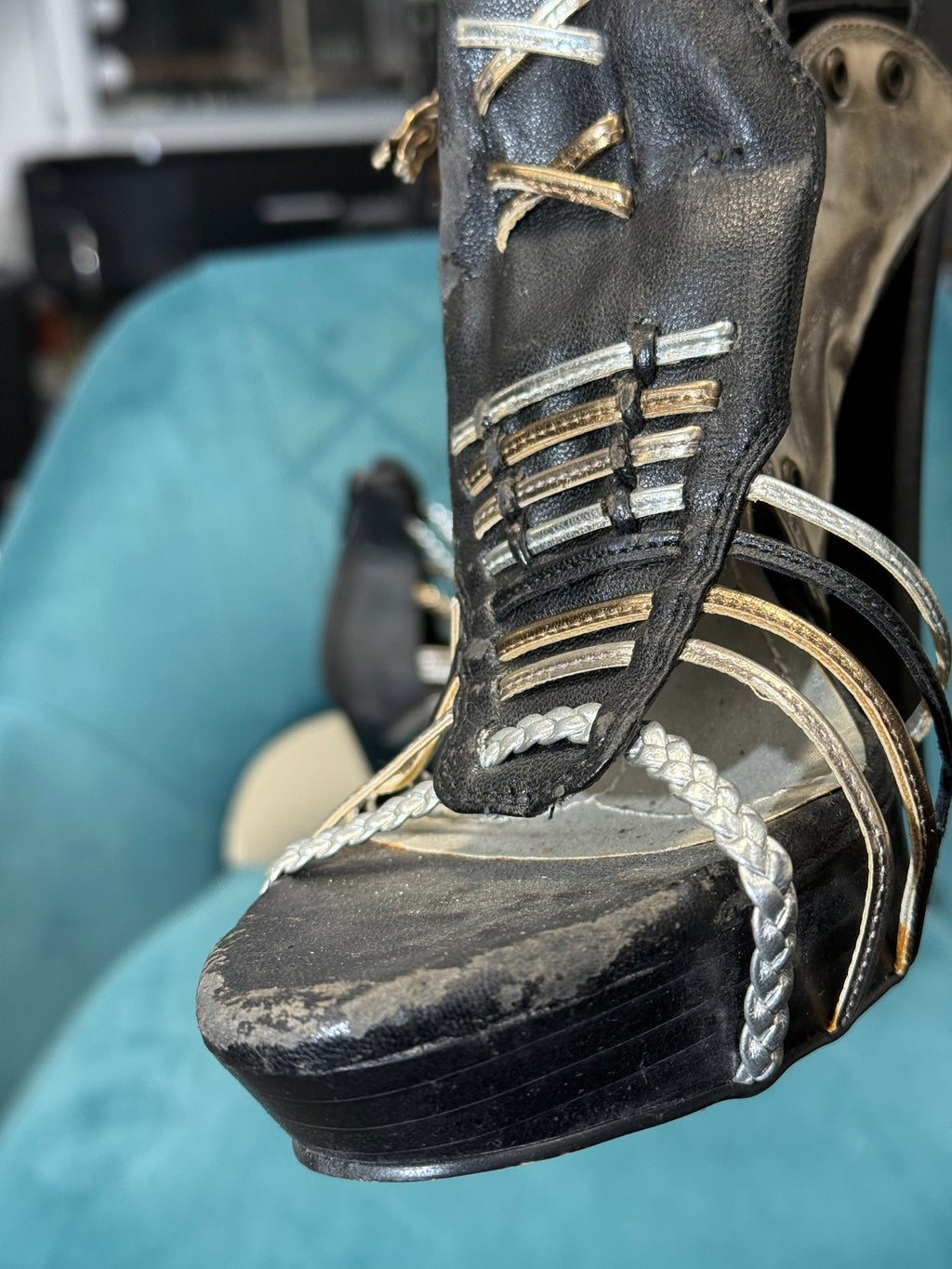 Black & Gold Strappy Platform Gladiator Heels with Metallic Detail