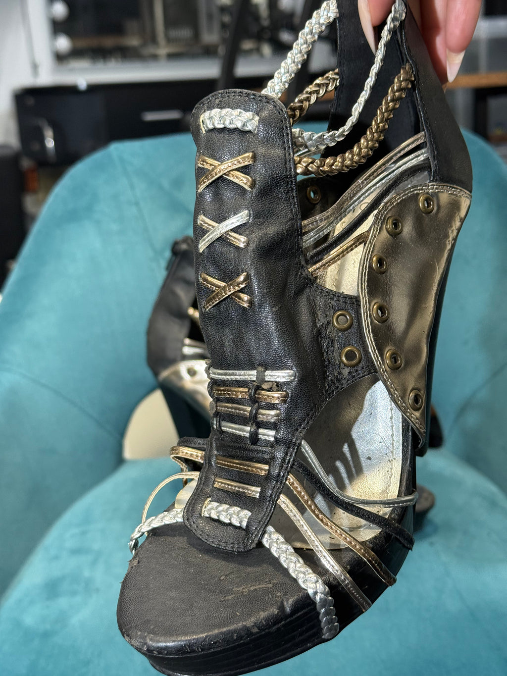 Black & Gold Strappy Platform Gladiator Heels with Metallic Detail