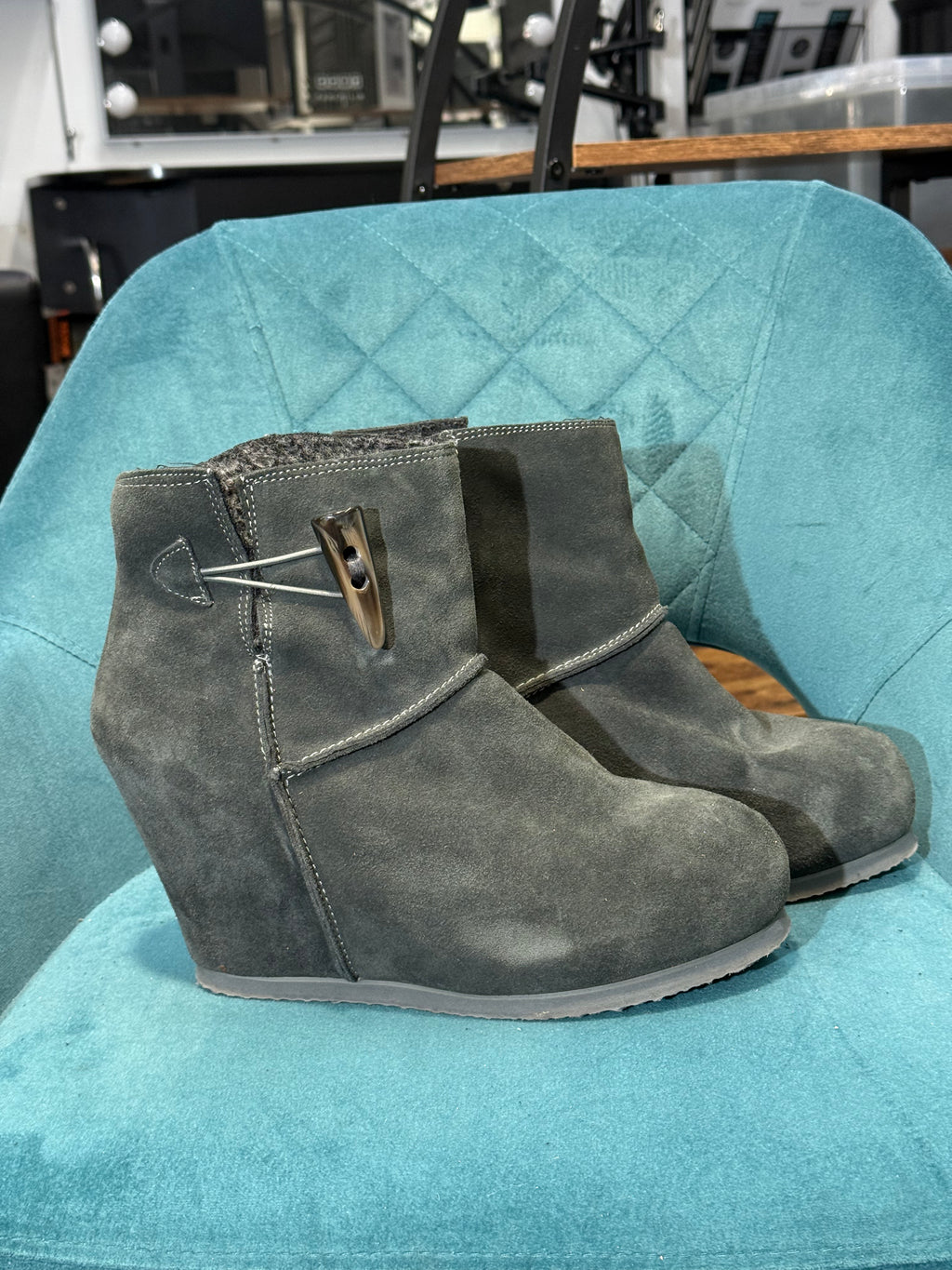 Grey Faux Suede Wedge Ankle Boots with Toggle Detail