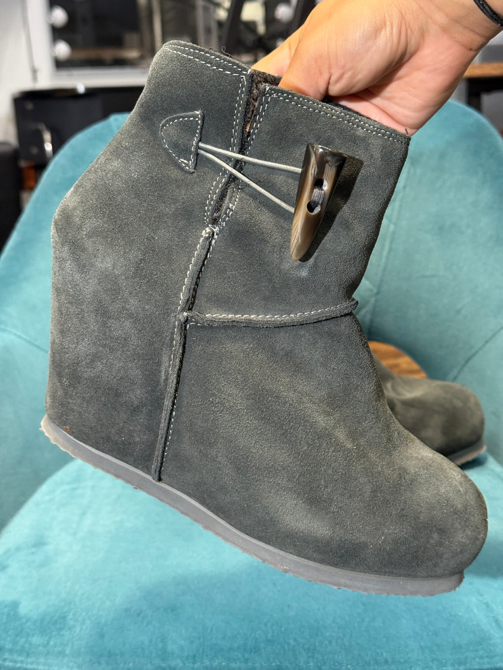 Grey Faux Suede Wedge Ankle Boots with Toggle Detail