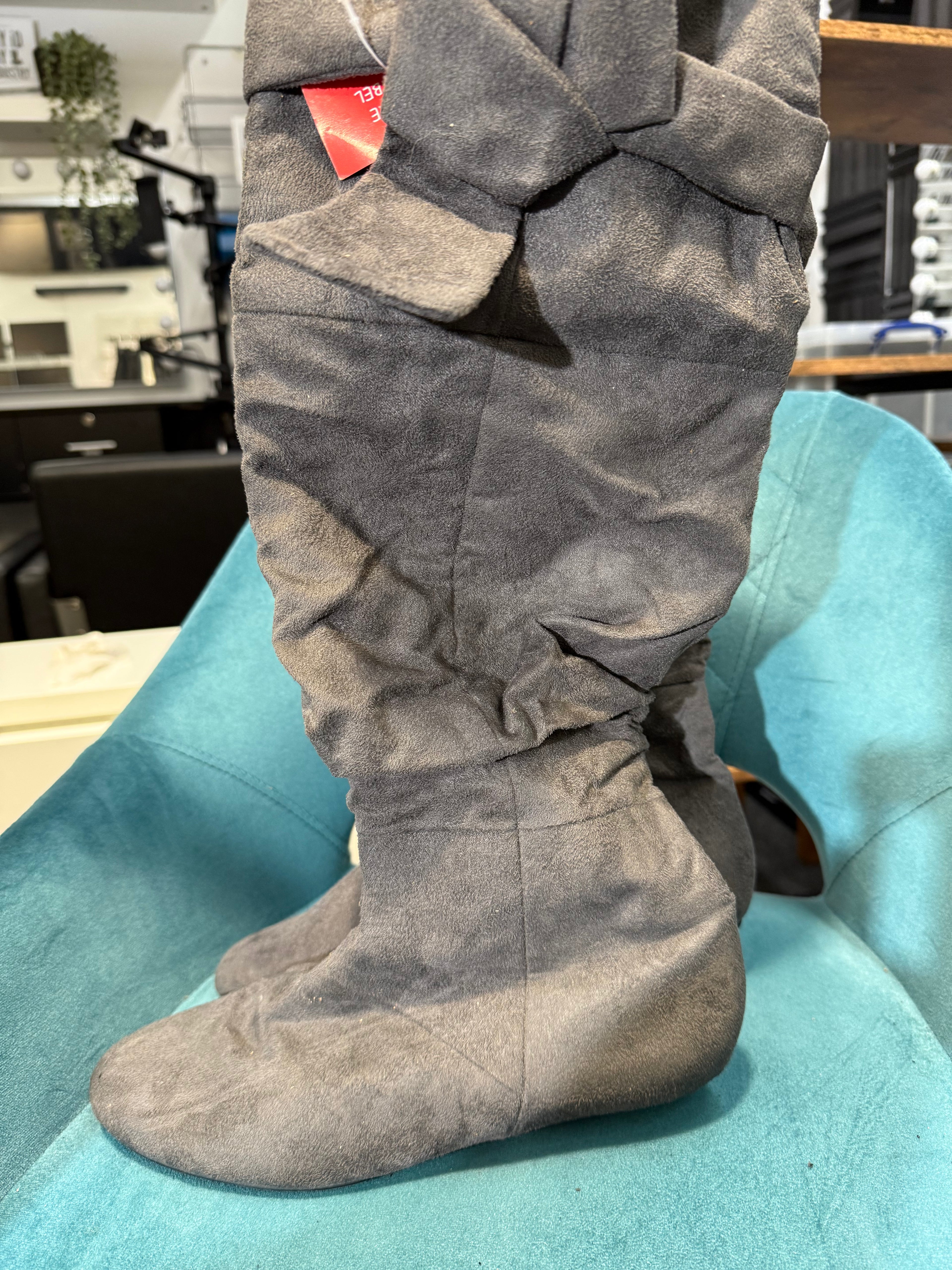 Grey Flat Over-the-Knee Boots with Side Tie Detail