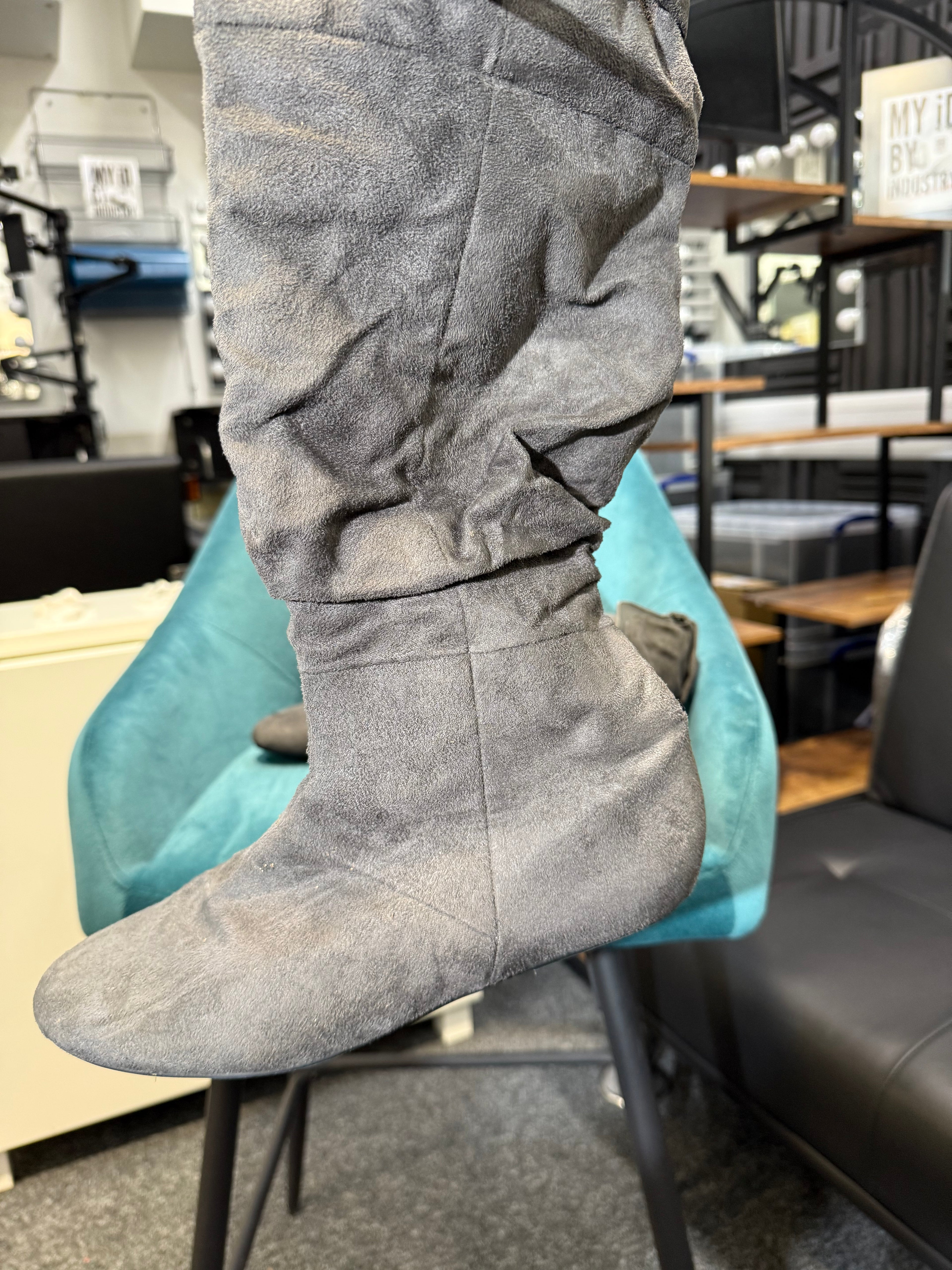 Grey Flat Over-the-Knee Boots with Side Tie Detail