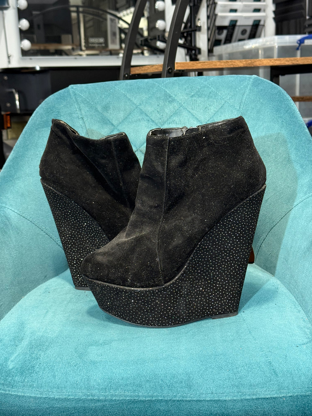 Black Suede Platform Wedge Boots with Studded Detail