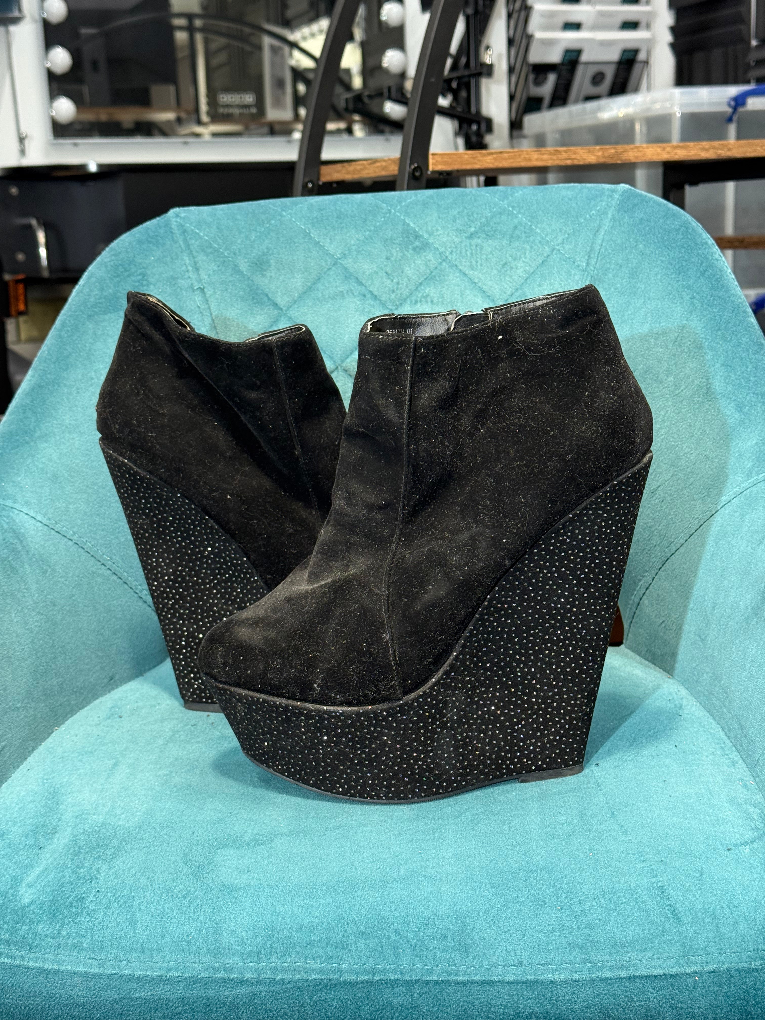 Black Suede Platform Wedge Boots with Studded Detail
