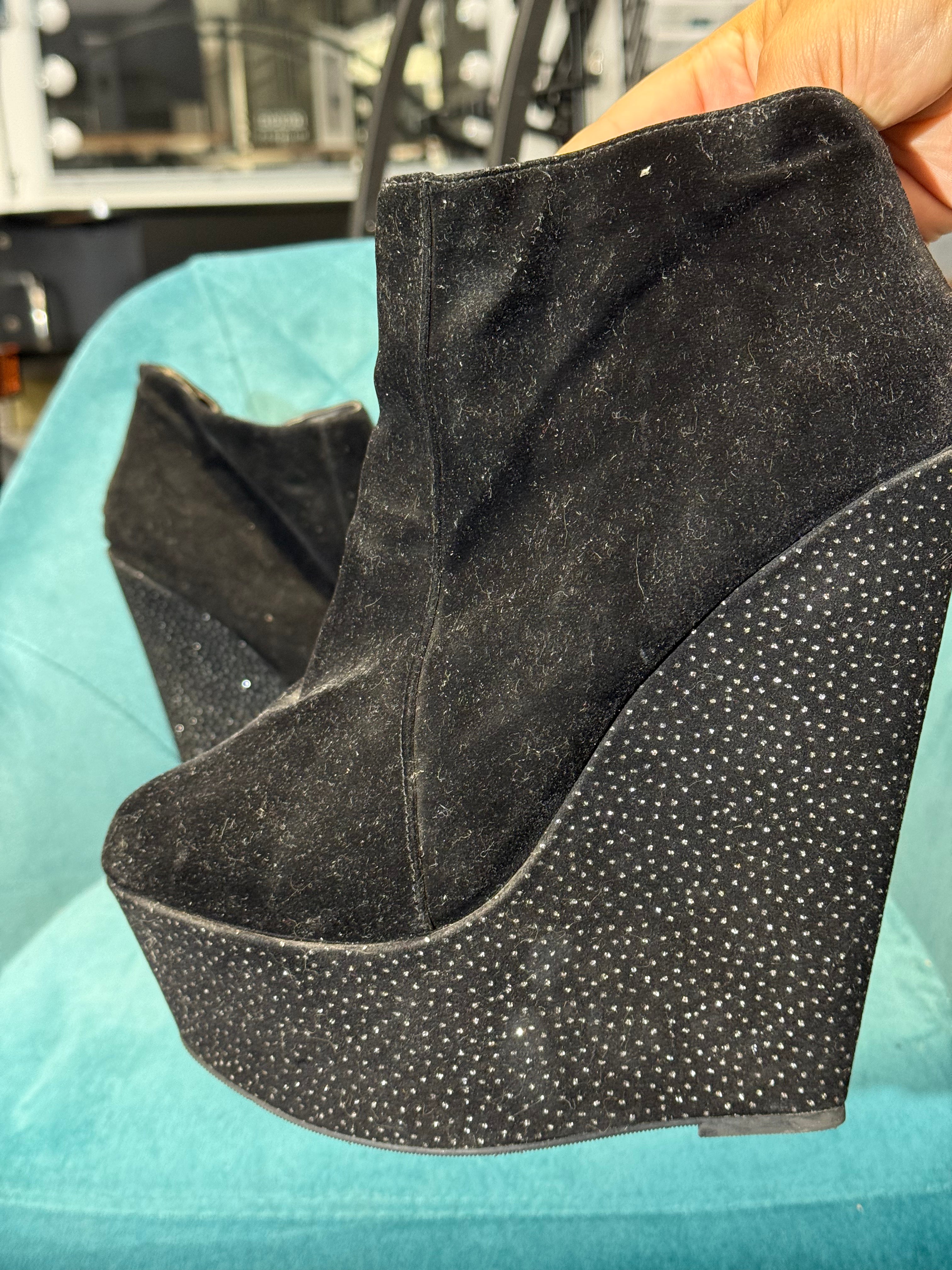 Black Suede Platform Wedge Boots with Studded Detail