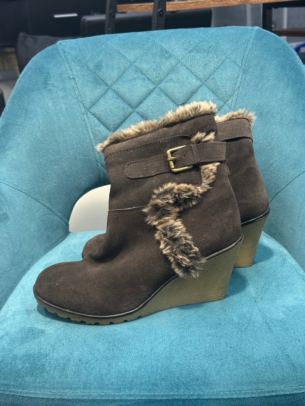 Brown Faux Suede Wedge Ankle Boots with Faux Fur Trim & Buckle