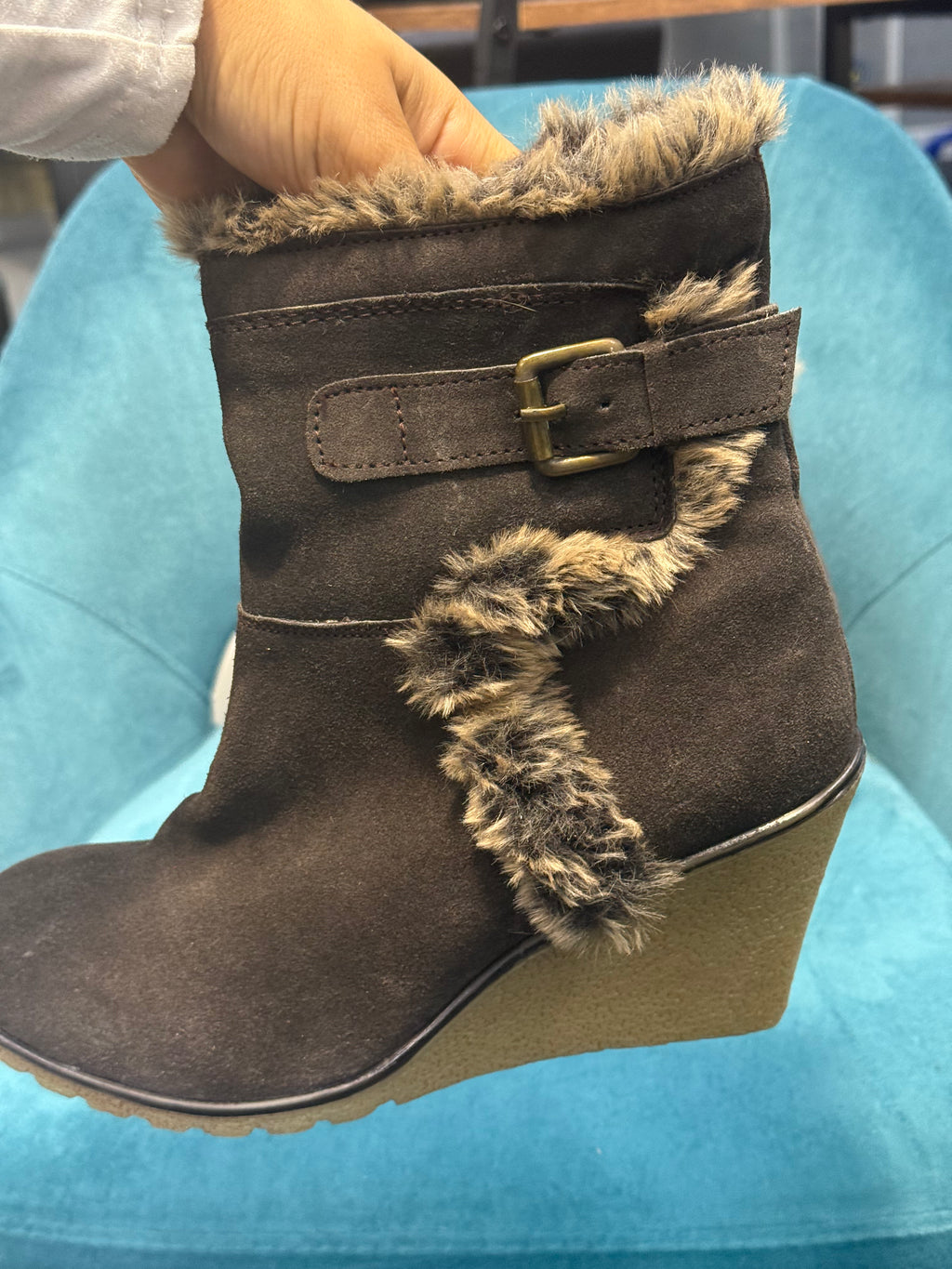 Brown Faux Suede Wedge Ankle Boots with Faux Fur Trim & Buckle