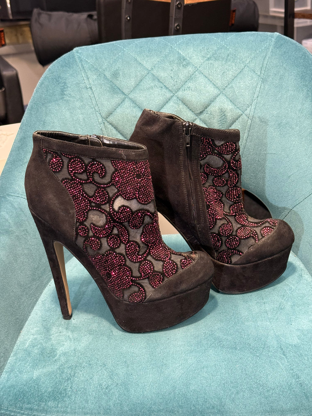 Black Suede Platform Ankle Boots with Burgundy Beaded Floral Mesh
