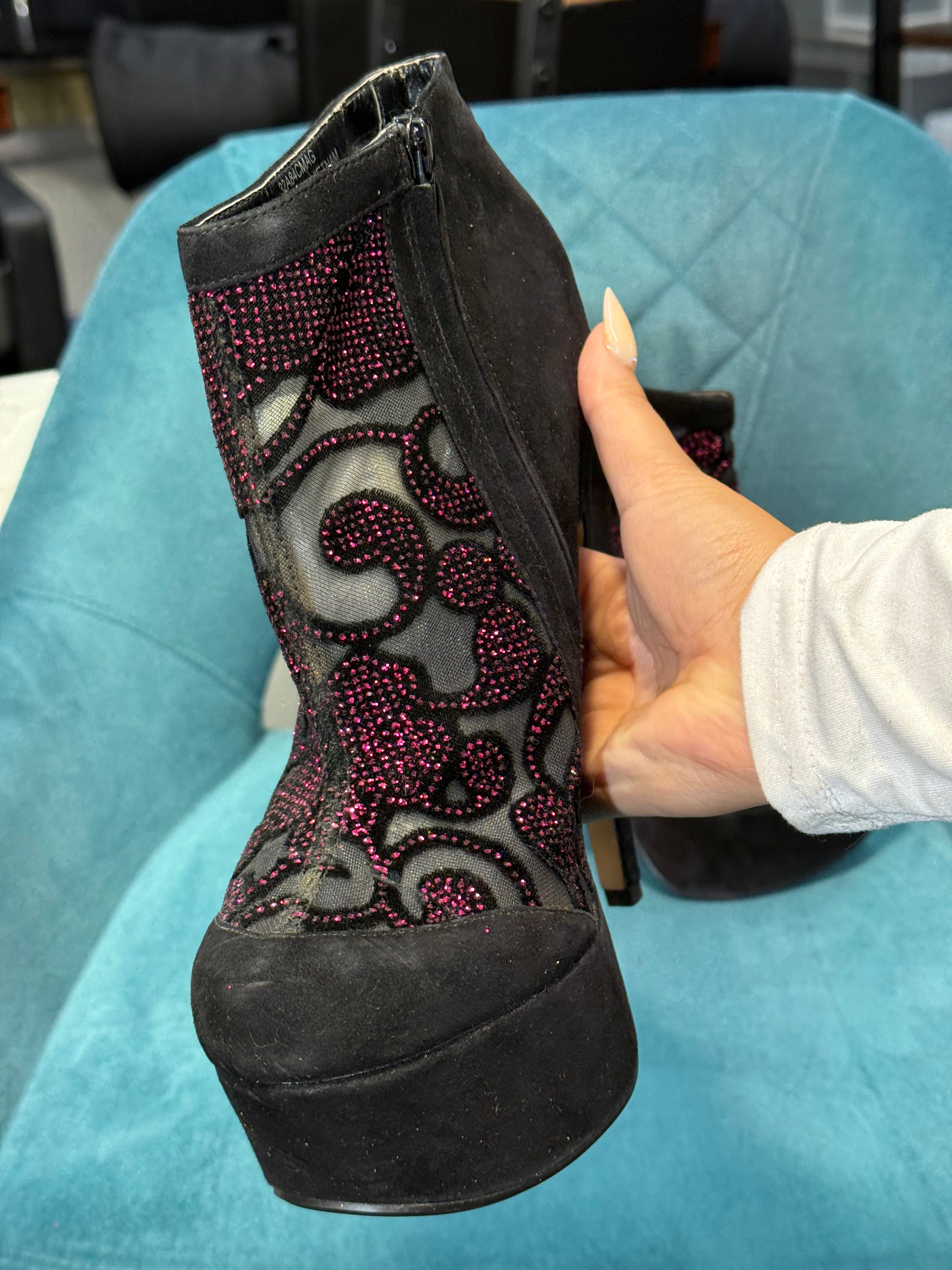 Black Suede Platform Ankle Boots with Burgundy Beaded Floral Mesh