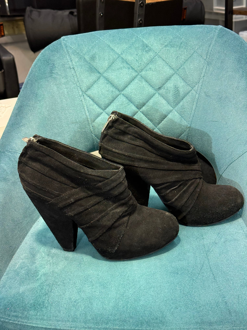 Black Faux Suede Platform Ankle Boots with Pleated Design
