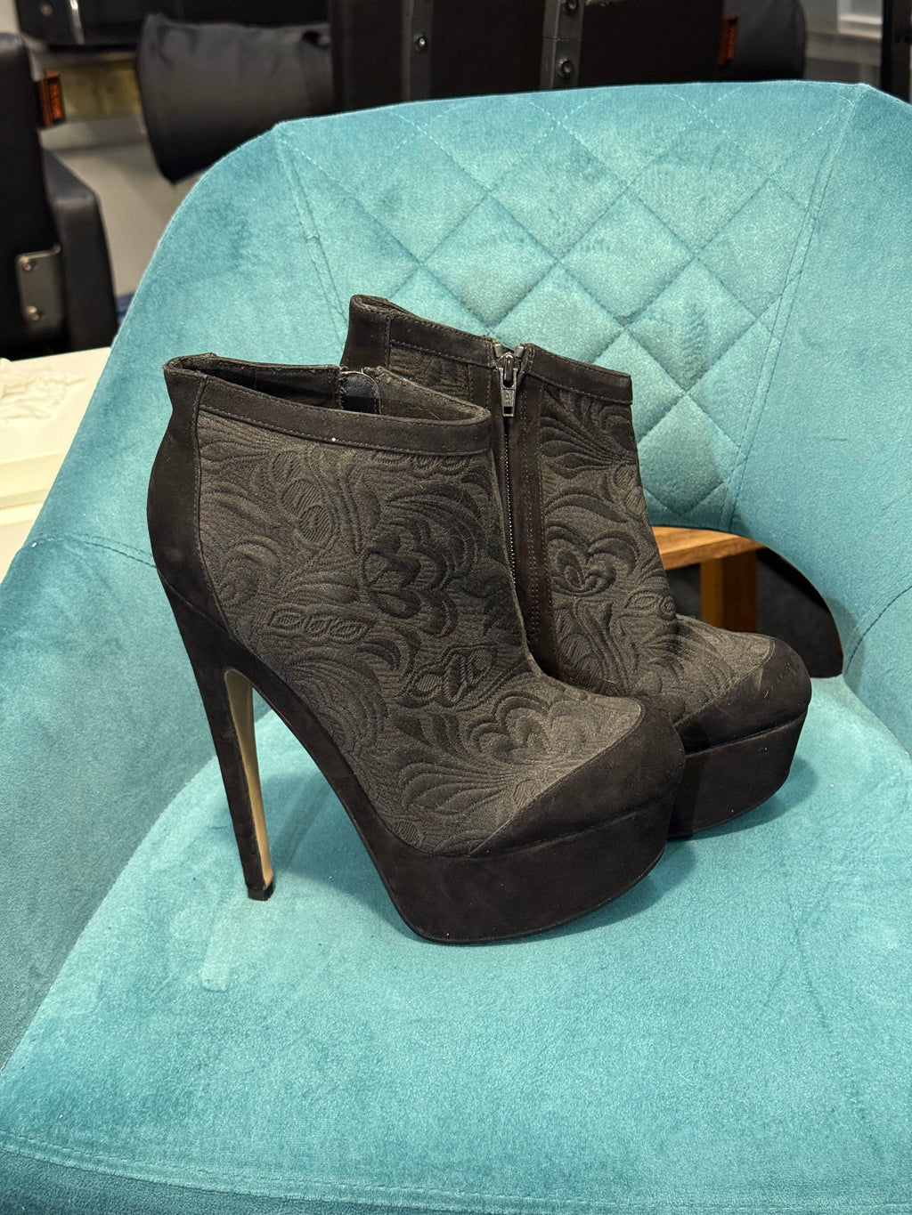 Black Embossed Pattern Platform Stiletto Ankle Boots