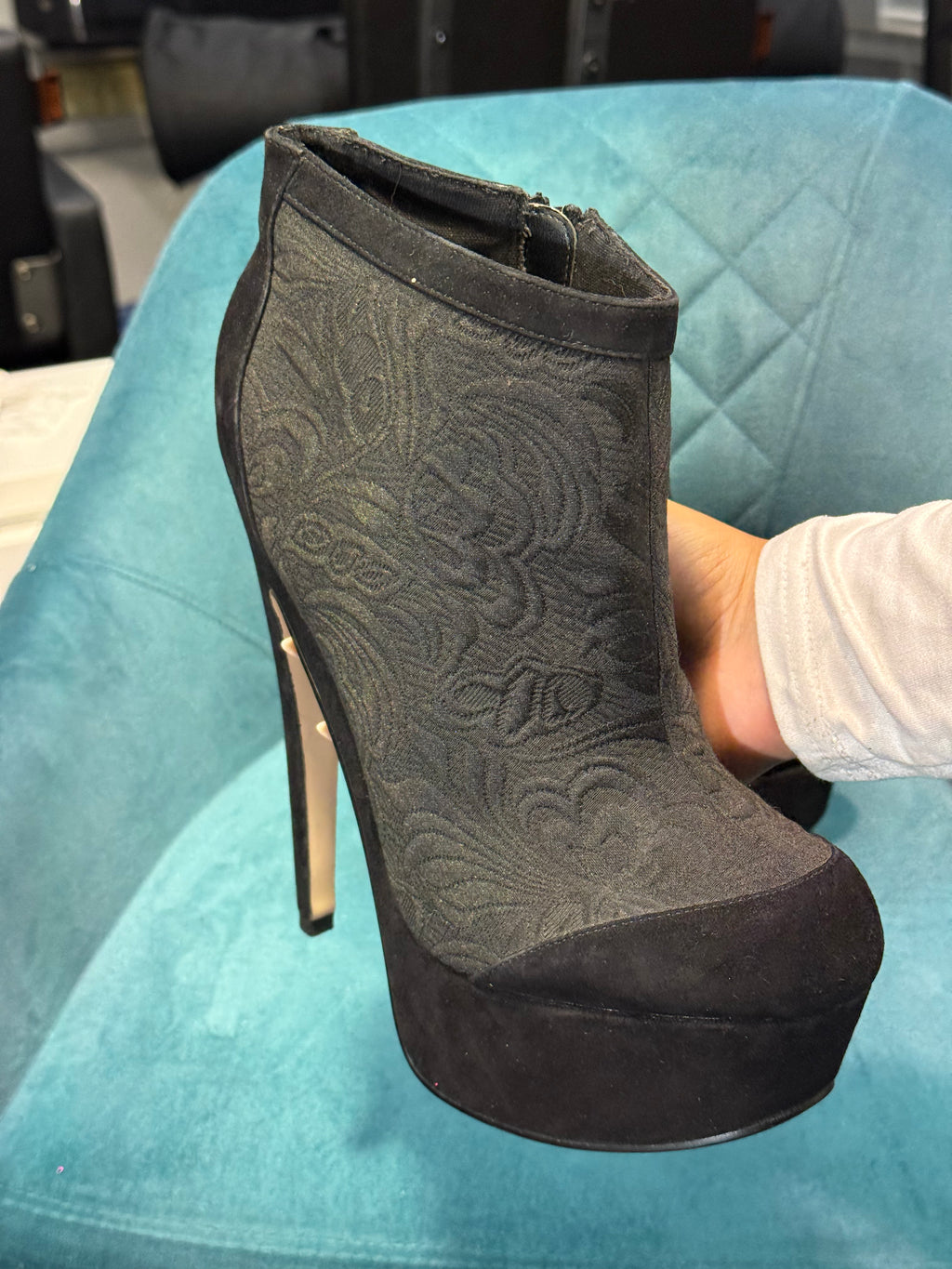 Black Embossed Pattern Platform Stiletto Ankle Boots