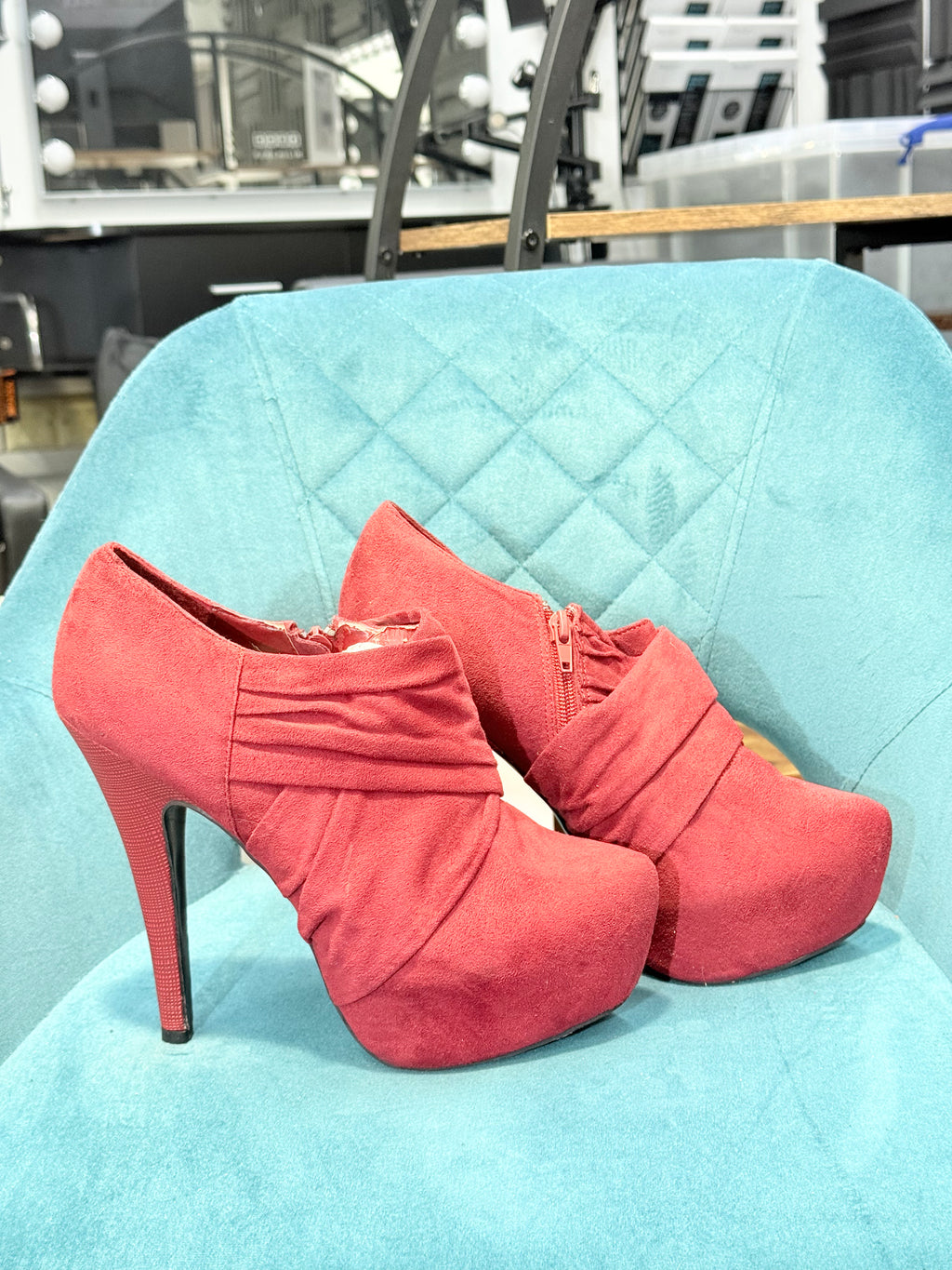 Red Faux Suede Platform Ankle Boots with Pleated Design