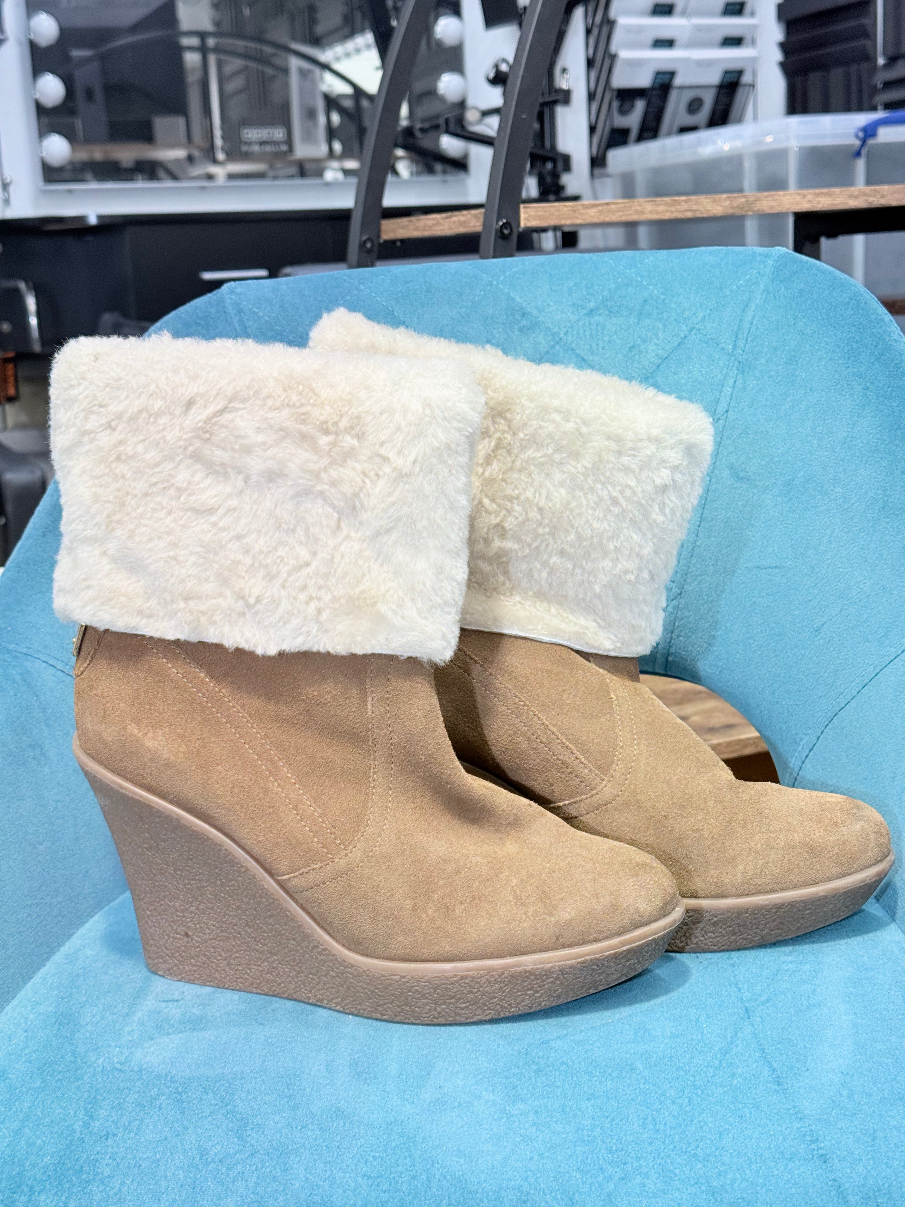Tan Faux Suede Wedge Ankle Boots with Faux Fur Cuff