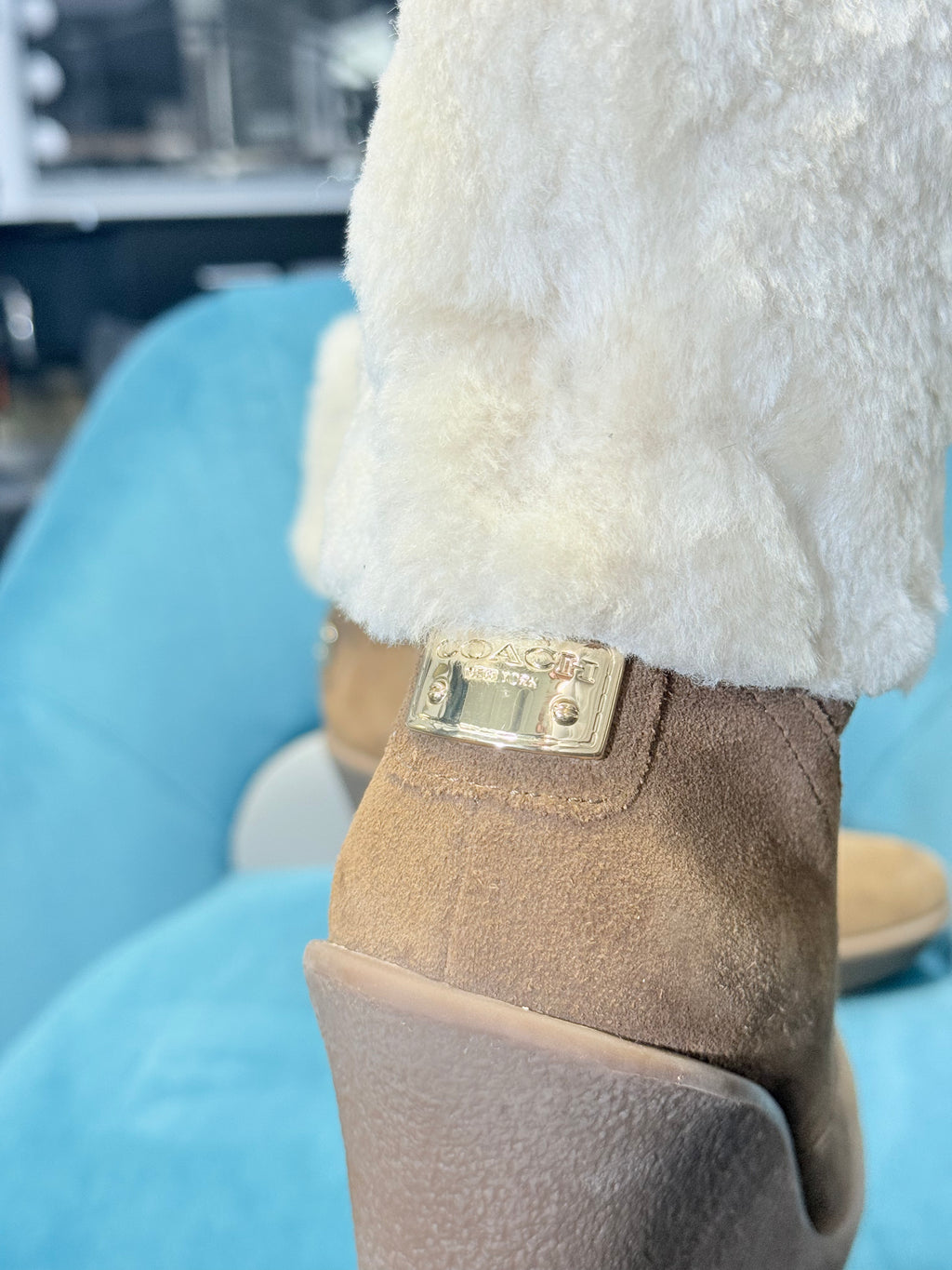 Tan Faux Suede Wedge Ankle Boots with Faux Fur Cuff