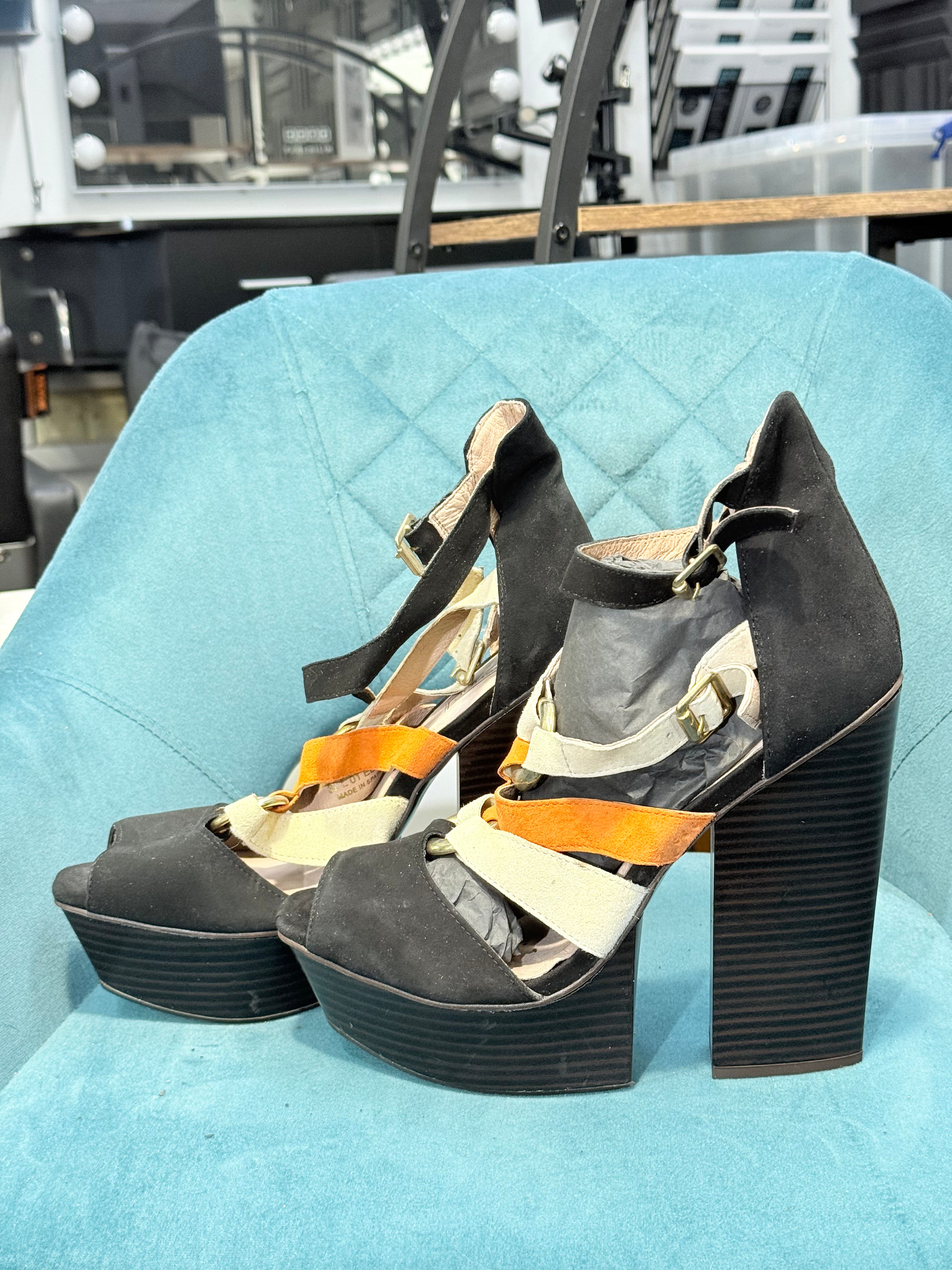 Black Multi-Colour Strappy Platform Block Heels