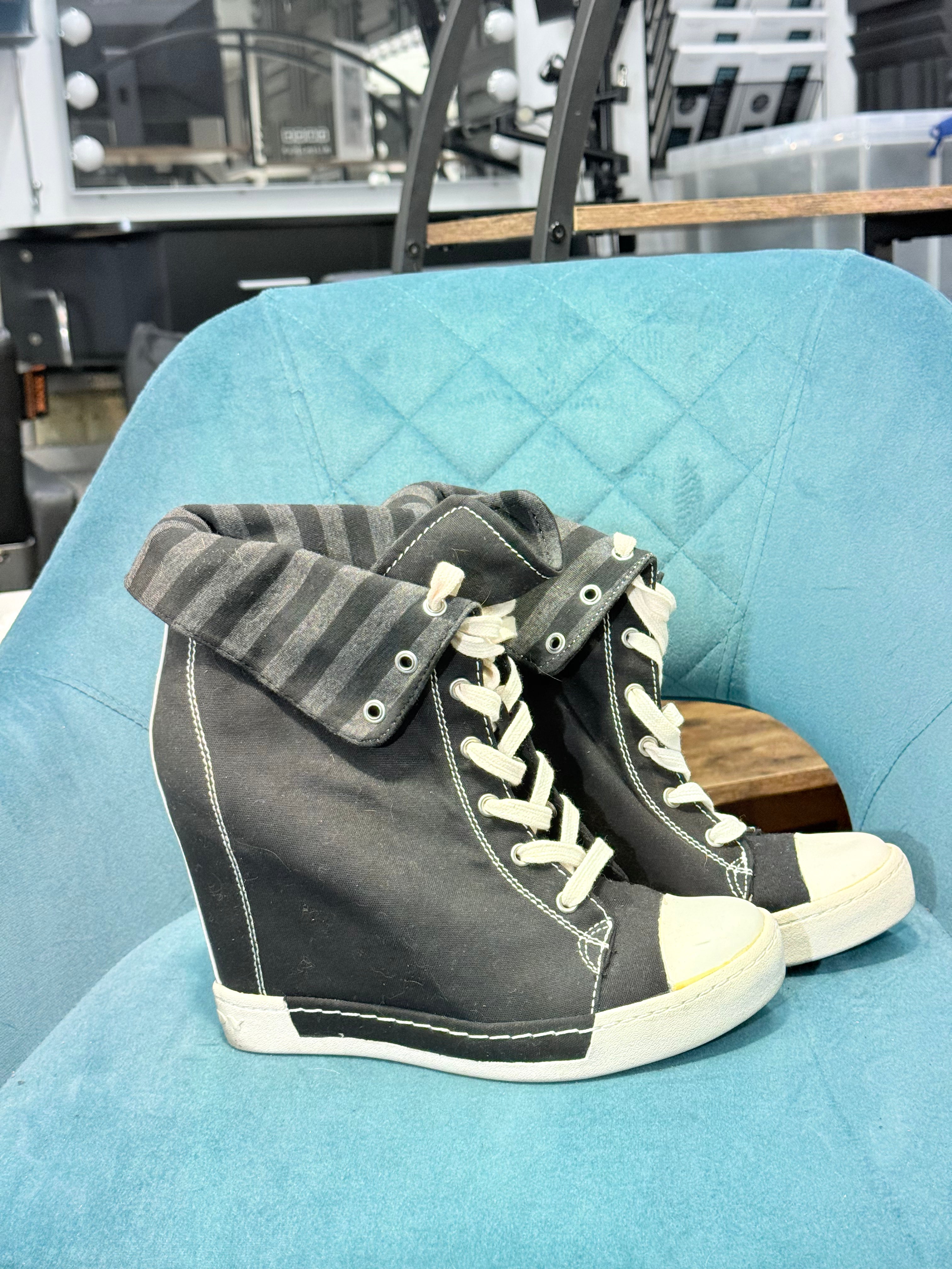 Black high top wedge lace up trainers