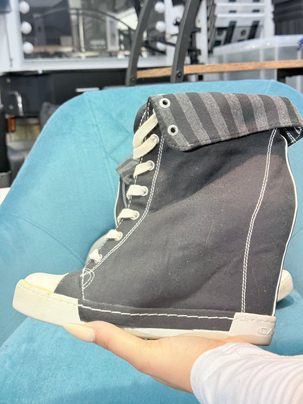 Black high top wedge lace up trainers