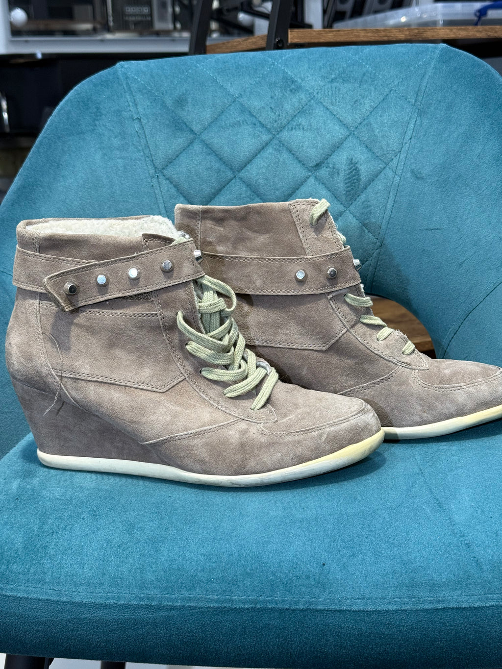 Grey High-Top Wedge Trainers with Faux Fur Lining