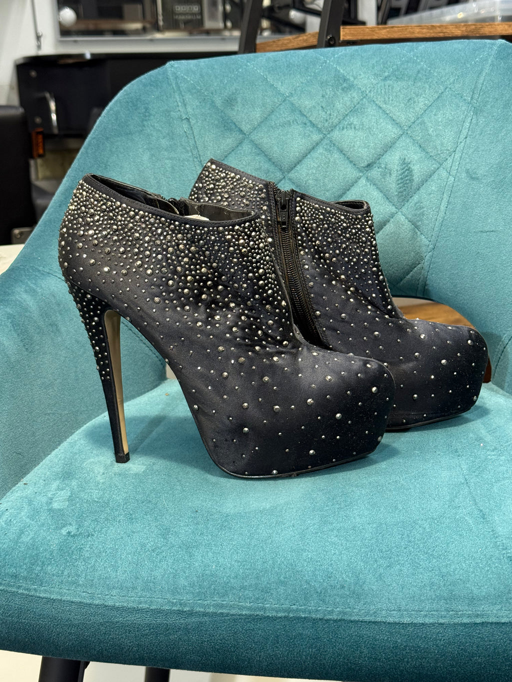 Black Satin Platform Stiletto Ankle Boots with Rhinestone Embellishment