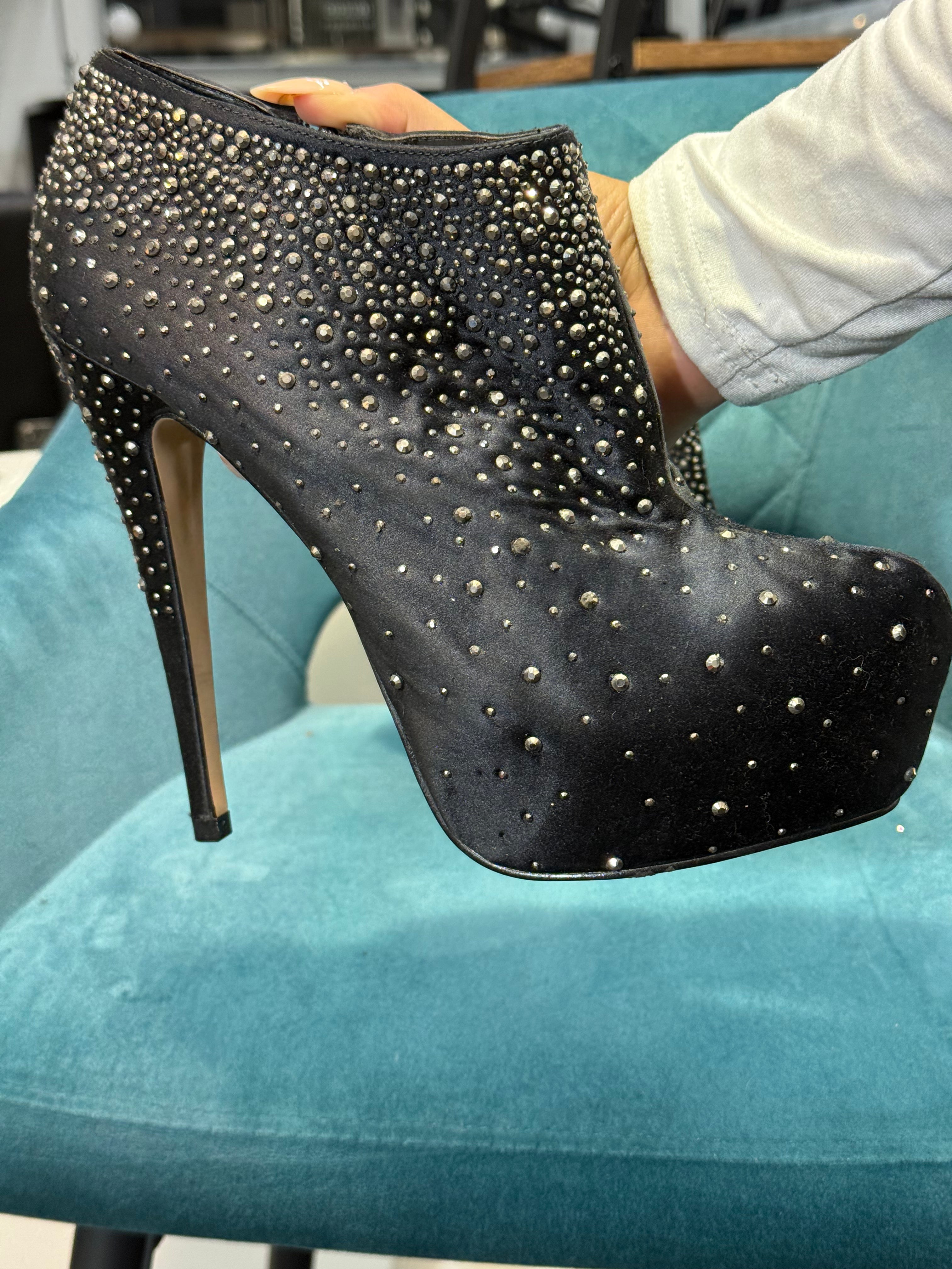 Black Satin Platform Stiletto Ankle Boots with Rhinestone Embellishment