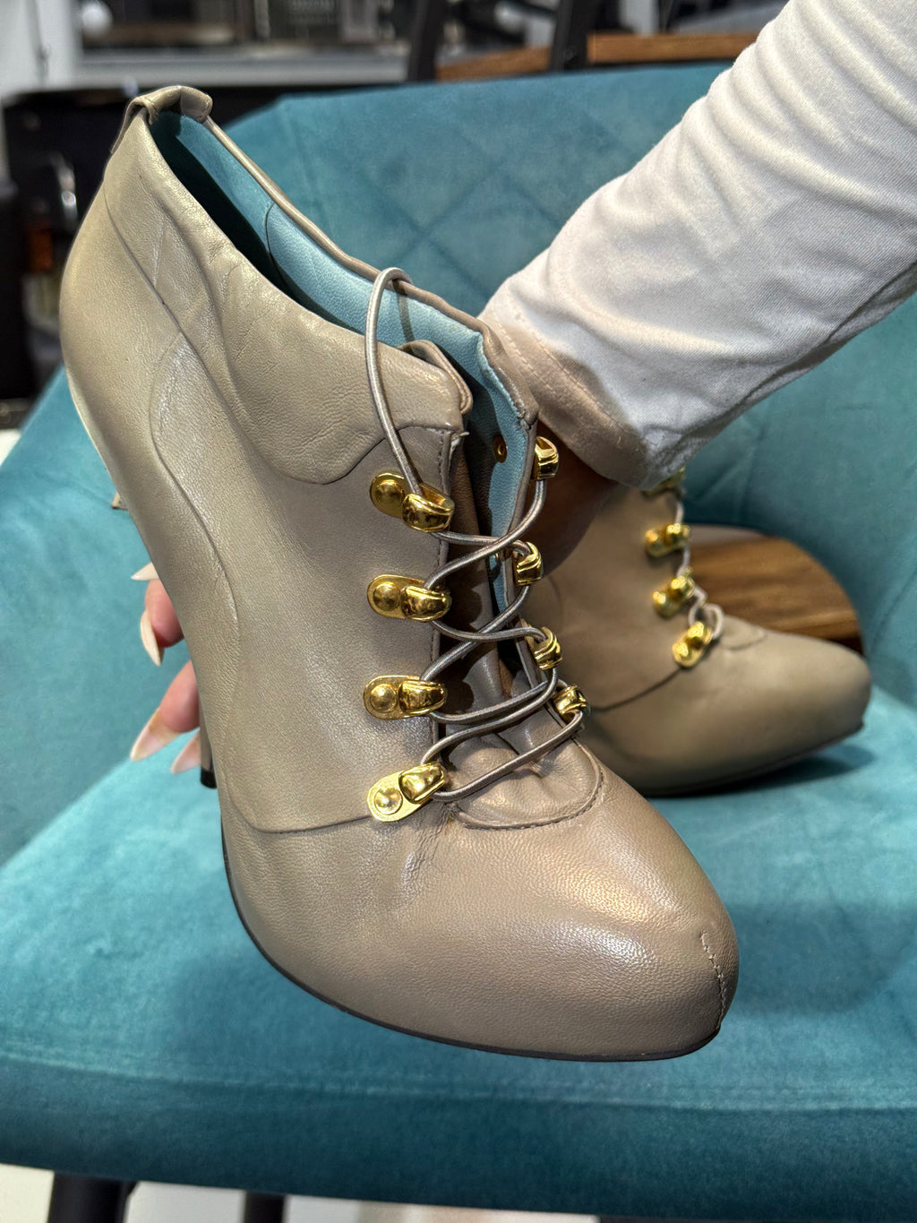 Taupe Leather Lace-Up Stiletto Ankle Boots with Gold Hardware