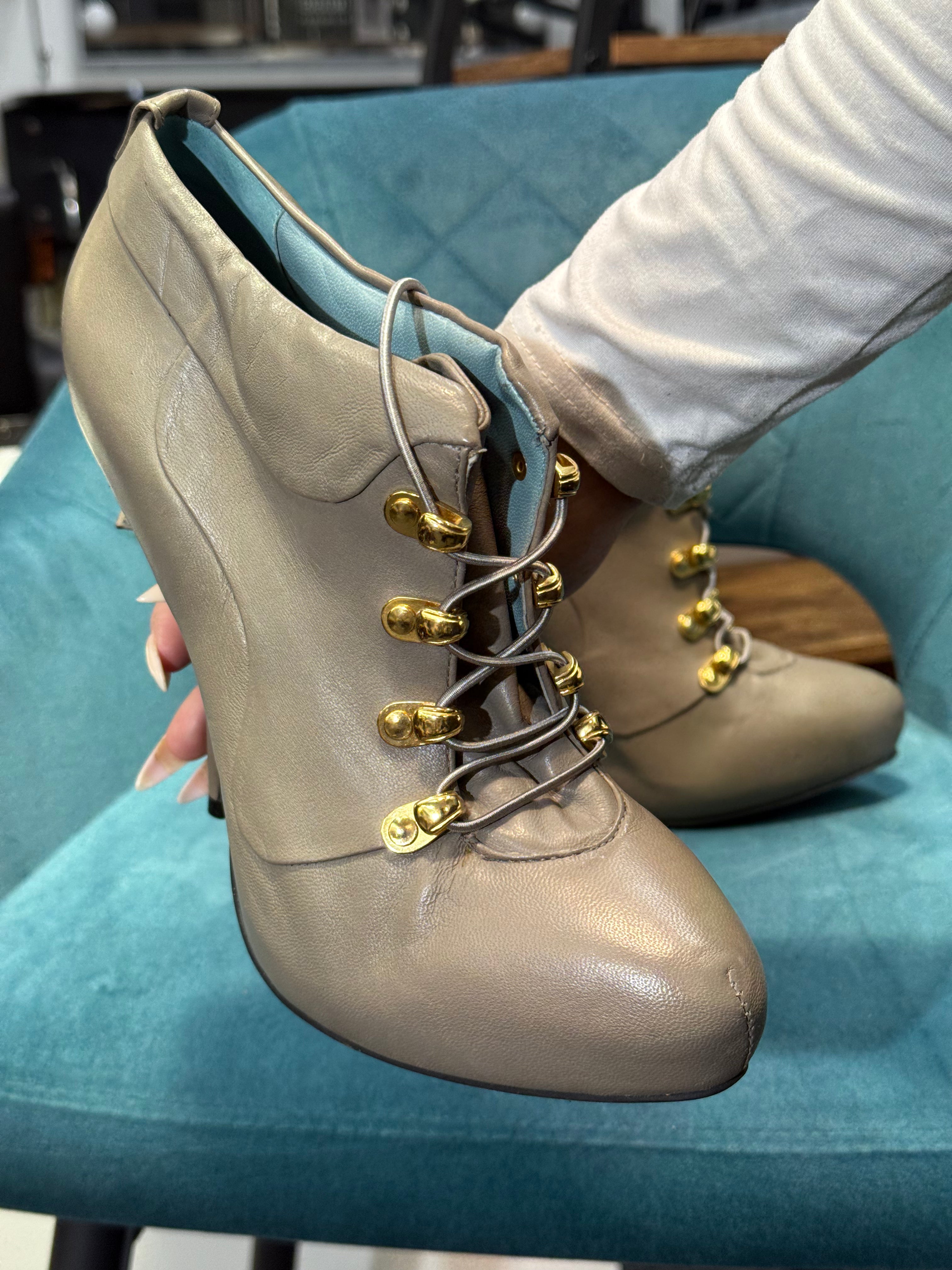 Taupe Leather Lace-Up Stiletto Ankle Boots with Gold Hardware