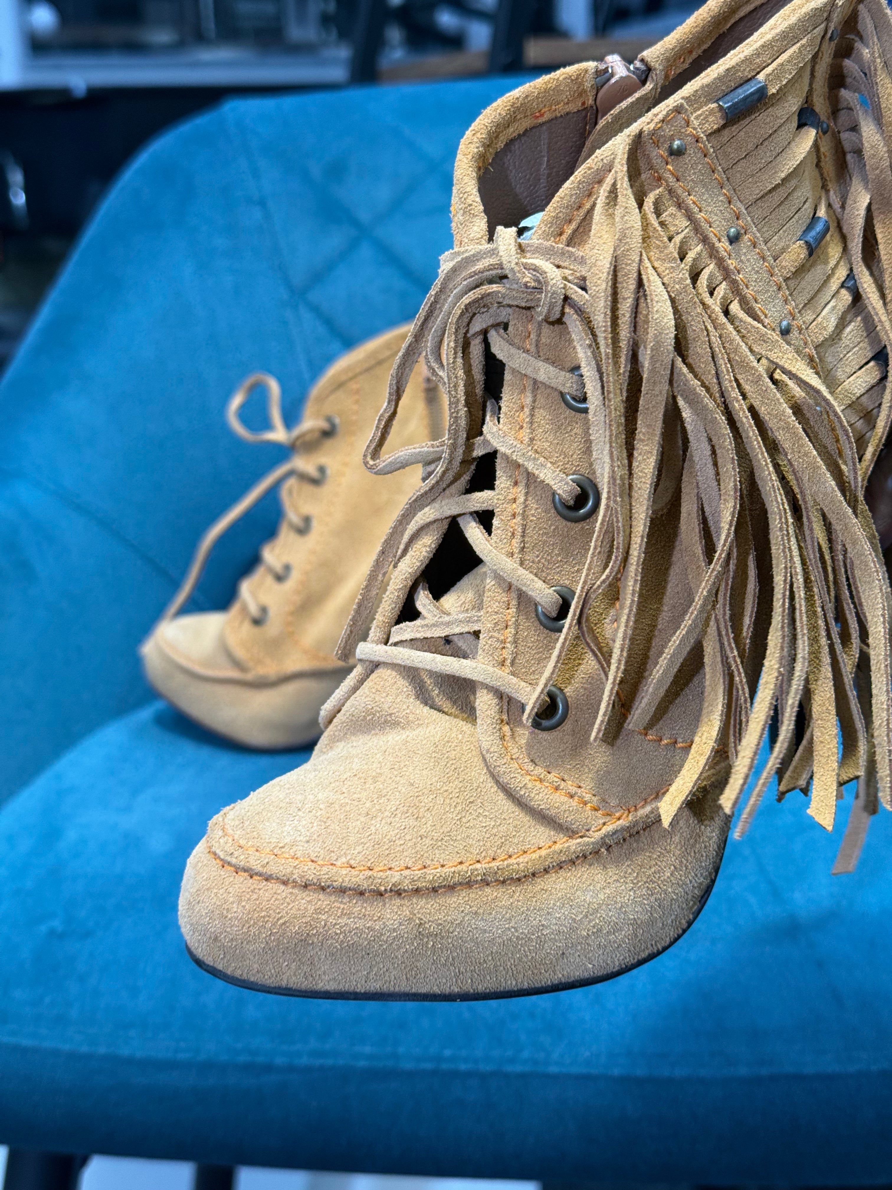 Tan Suede Lace-Up Ankle Boots with Fringe & Stud Detail