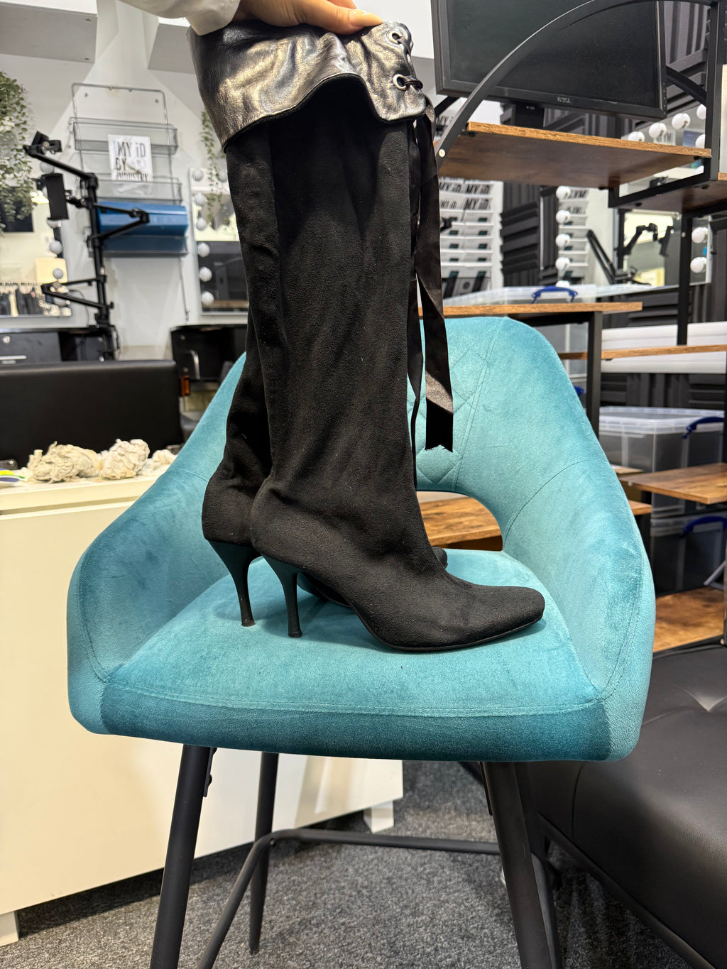 Black Over-the-Knee Stiletto Boots with Faux Leather Cuff