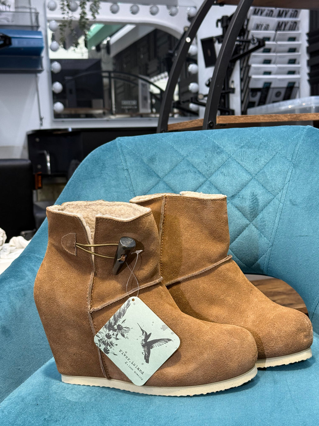 Tan Faux Suede Wedge Ankle Boots with Toggle Detail
