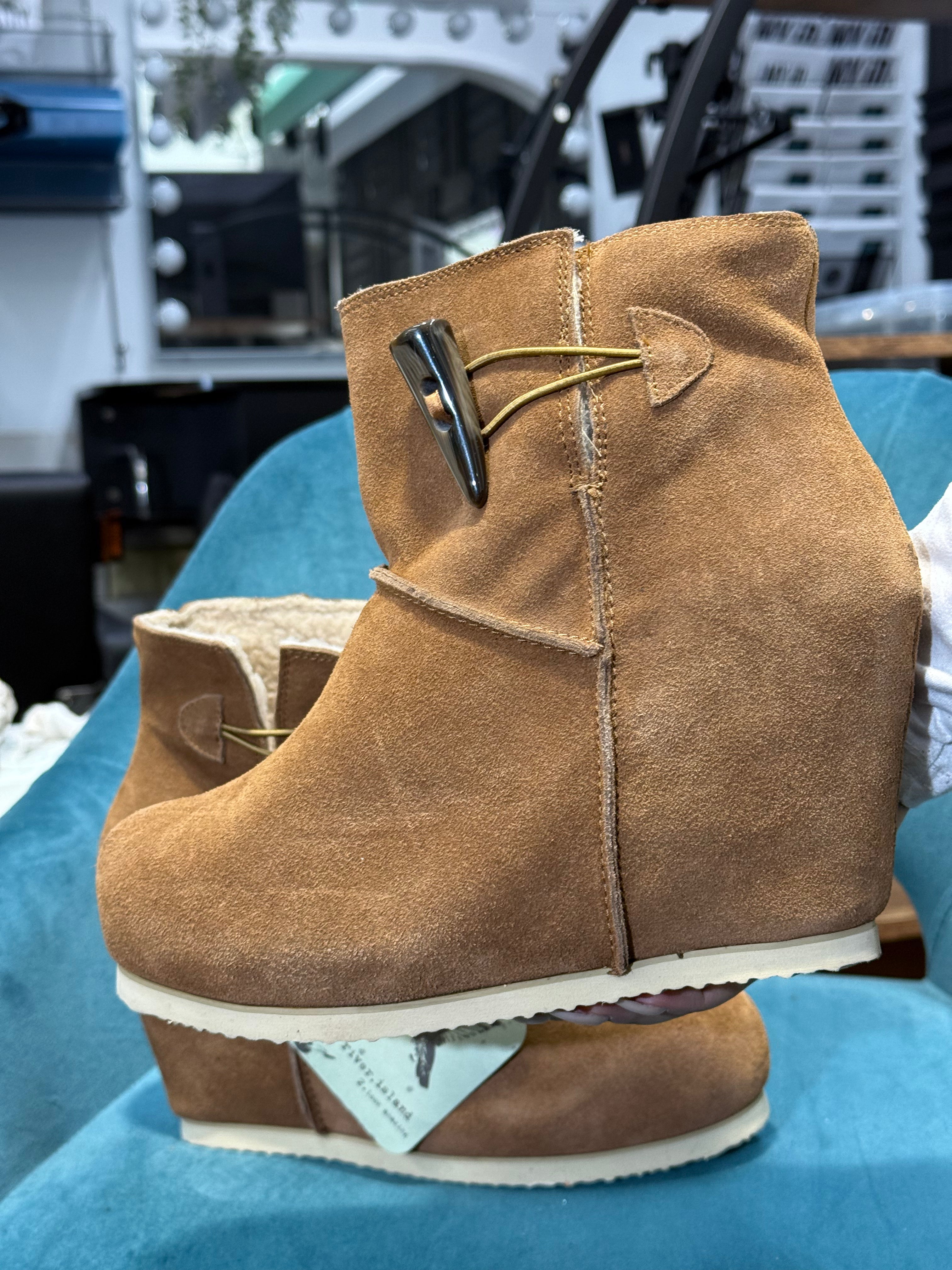 Tan Faux Suede Wedge Ankle Boots with Toggle Detail