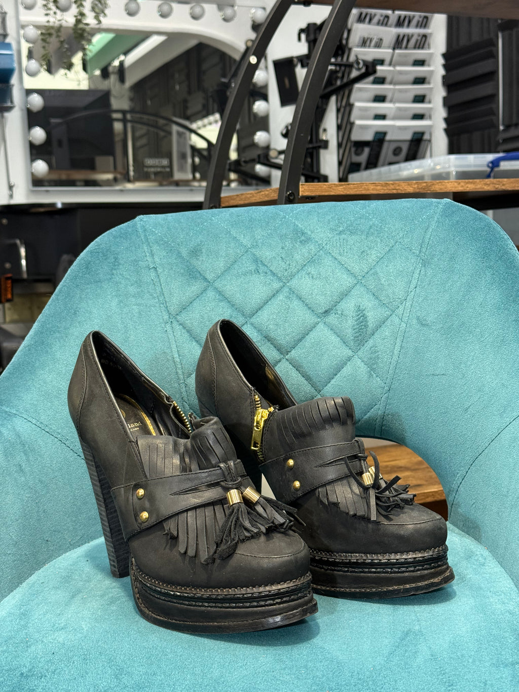 Black Leather Heel Loafers with Fringe & Tassel Detail