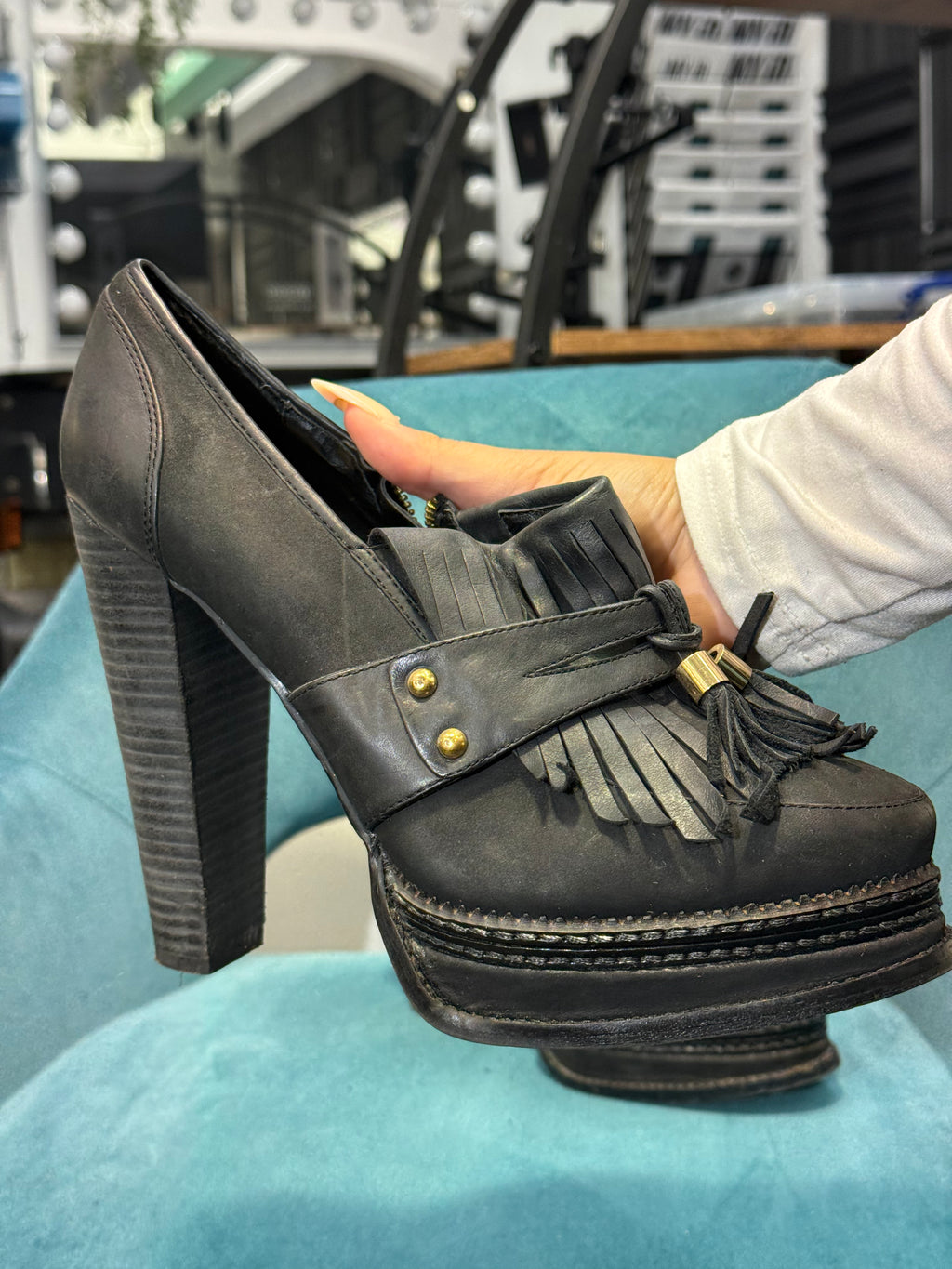 Black Leather Heel Loafers with Fringe & Tassel Detail