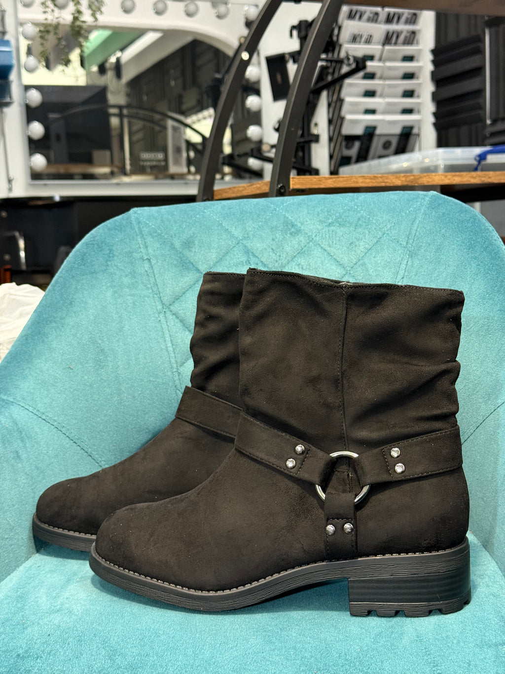 Women’s Black Faux Suede Ankle Boots with Buckle Detail